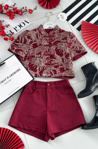 【SS3471】【LFW独家小圆饼】高品质两件式高端气质时尚提花旗袍套装 立领短袖盘扣提花旗袍上衣➕西装高腰百搭短裤，有口袋 ❤️❤️ 【D-R1-C5】