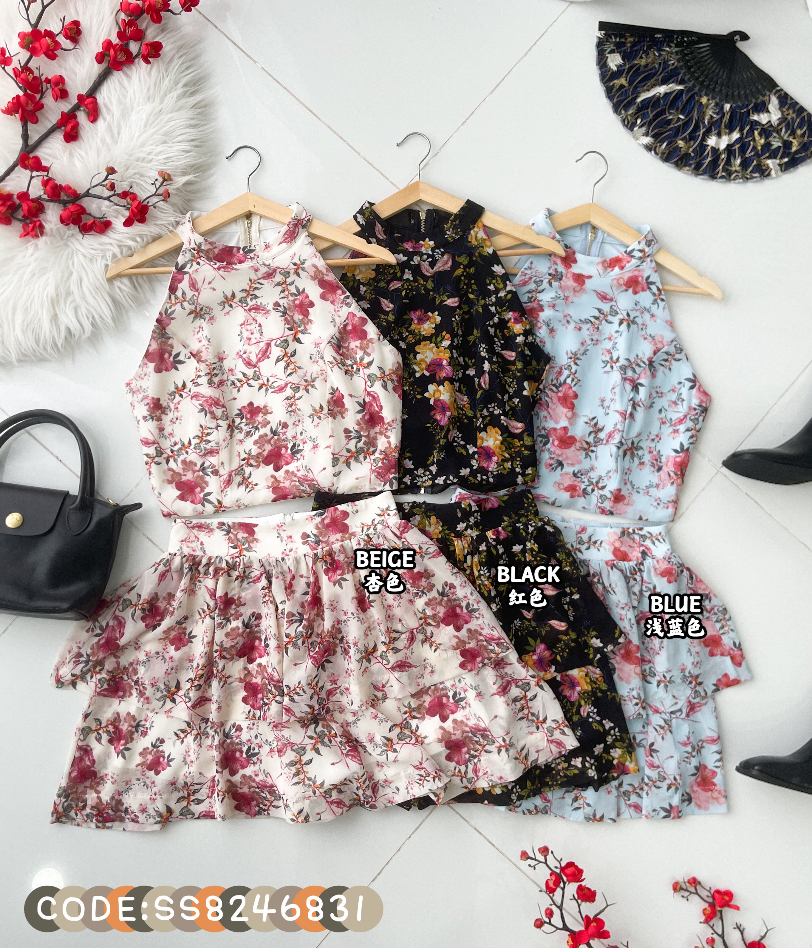 【SS8246831】高品质两件式雪纺碎花套装 雪纺碎花无袖上衣➕雪纺碎花蛋糕裙子，内层有里布短裤 ❤️❤️【B-R1-C5】