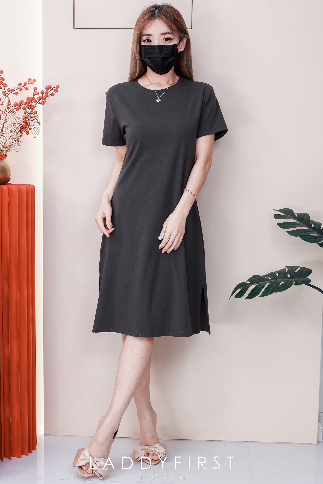 【D82914】高品质慵懒风宽松纯棉弹力圆领短袖休闲简约连身裙子，两侧开叉设计 ❤❤【A-R1-C6】