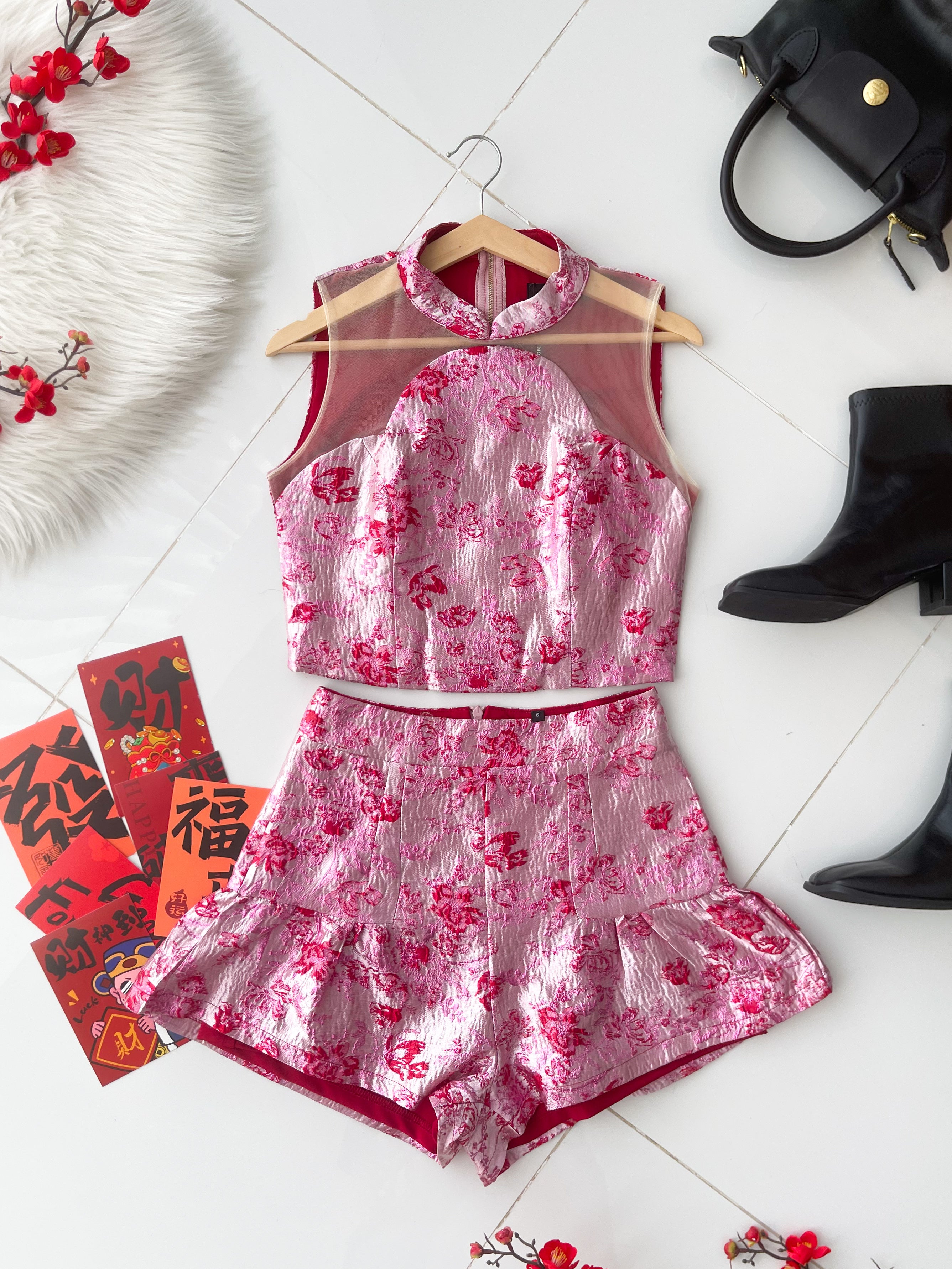 【SS8240071】高品质两件式高档新中式提花旗袍套装 提花拼接无袖网纱提花旗袍上衣➕提花高腰裤裙 ❤️❤️