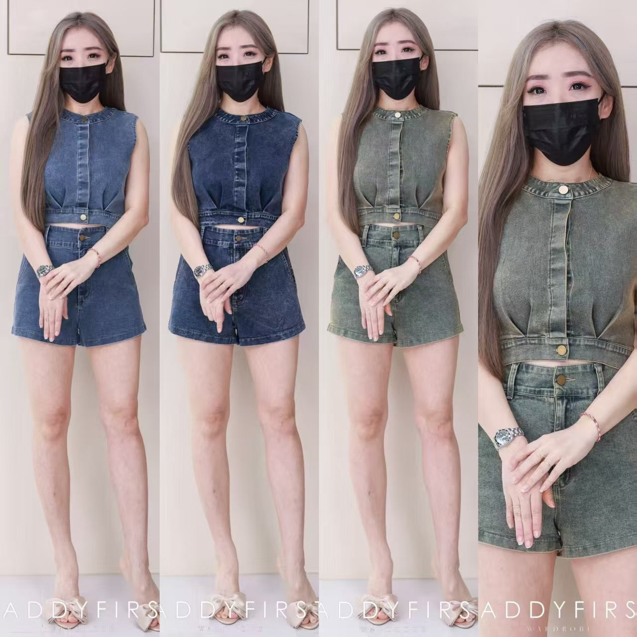 【SS3519】【LFW独家小圆饼】独家爆款高品质两件式牛仔COTTON JEANS时尚气质休闲百搭套装 牛仔无袖上衣➕牛仔高腰百搭短裤，后腰伸缩弹力，有口袋 ❤️❤️