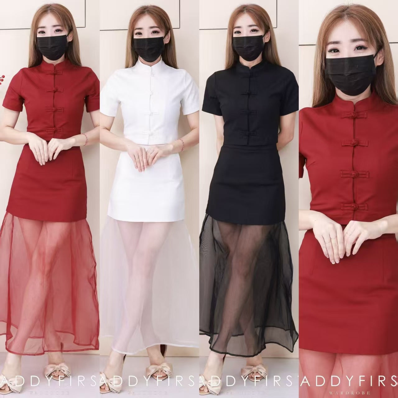 【SS2758】高品质两件式旗袍套组 锦棉旗袍短袖上衣➕锦棉拼接网纱裙子 ❤️❤️