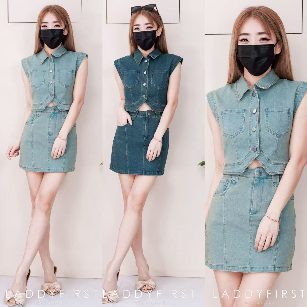 【SS21734 / 19783】高品质两件式韩系COTTON JEANS牛仔时尚套装 翻领出袖牛仔上衣➕A字牛仔高腰百搭裙子，内层有里布短裤，有口袋 ❤️❤️