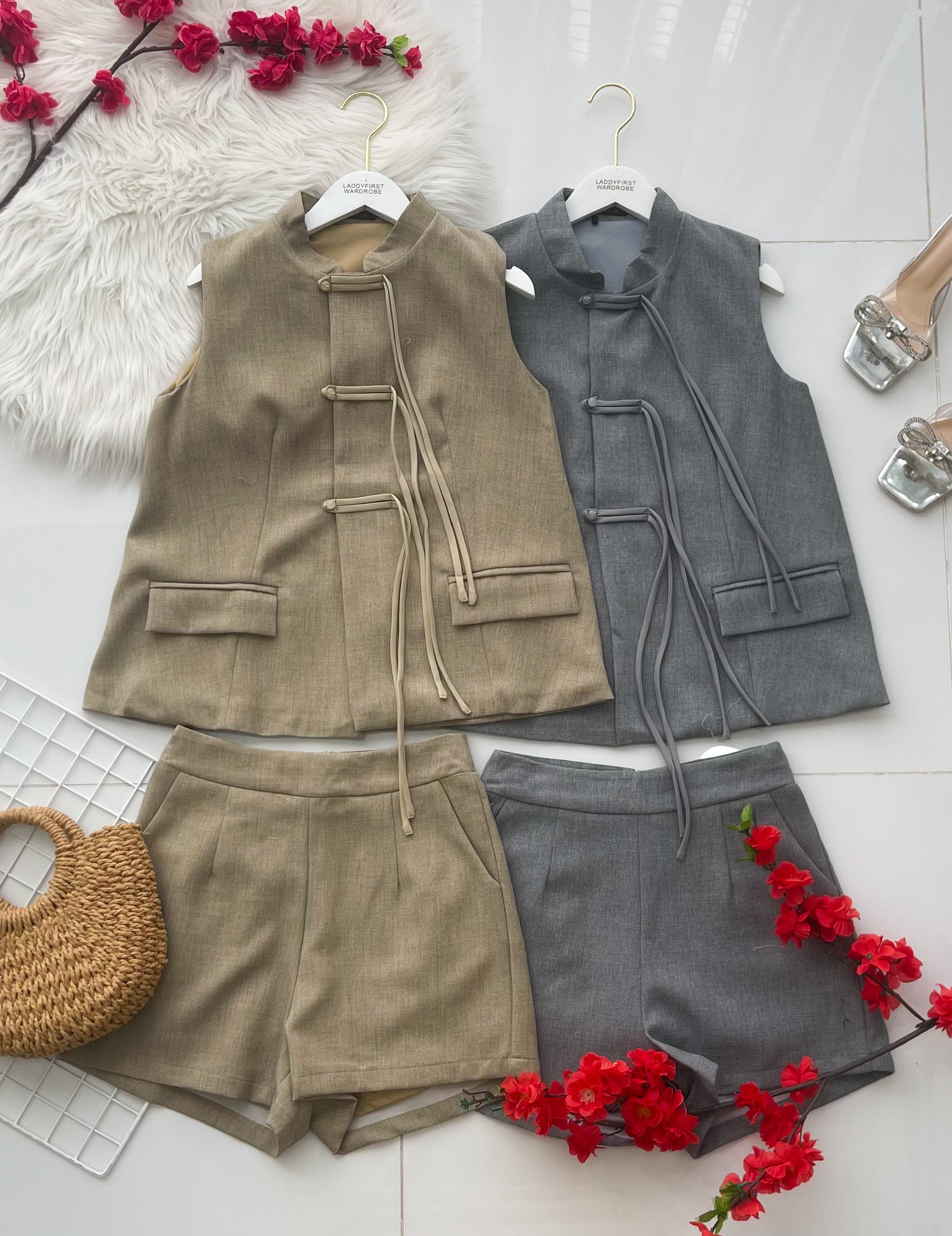 【SS23530】高品质两件式新中式国风马甲式旗袍套装 马甲式宽松版旗袍上衣➕西装高腰百搭短裤，有口袋 ❤️❤️