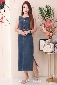 【SS3440】【LFW独家小圆饼】高品质两件式韩版气质时尚套装 无袖马甲牛仔上衣/外套两穿➕中长款牛仔高腰裙子，侧边开叉设计，有口袋 ❤️❤️【A- R1-C6】