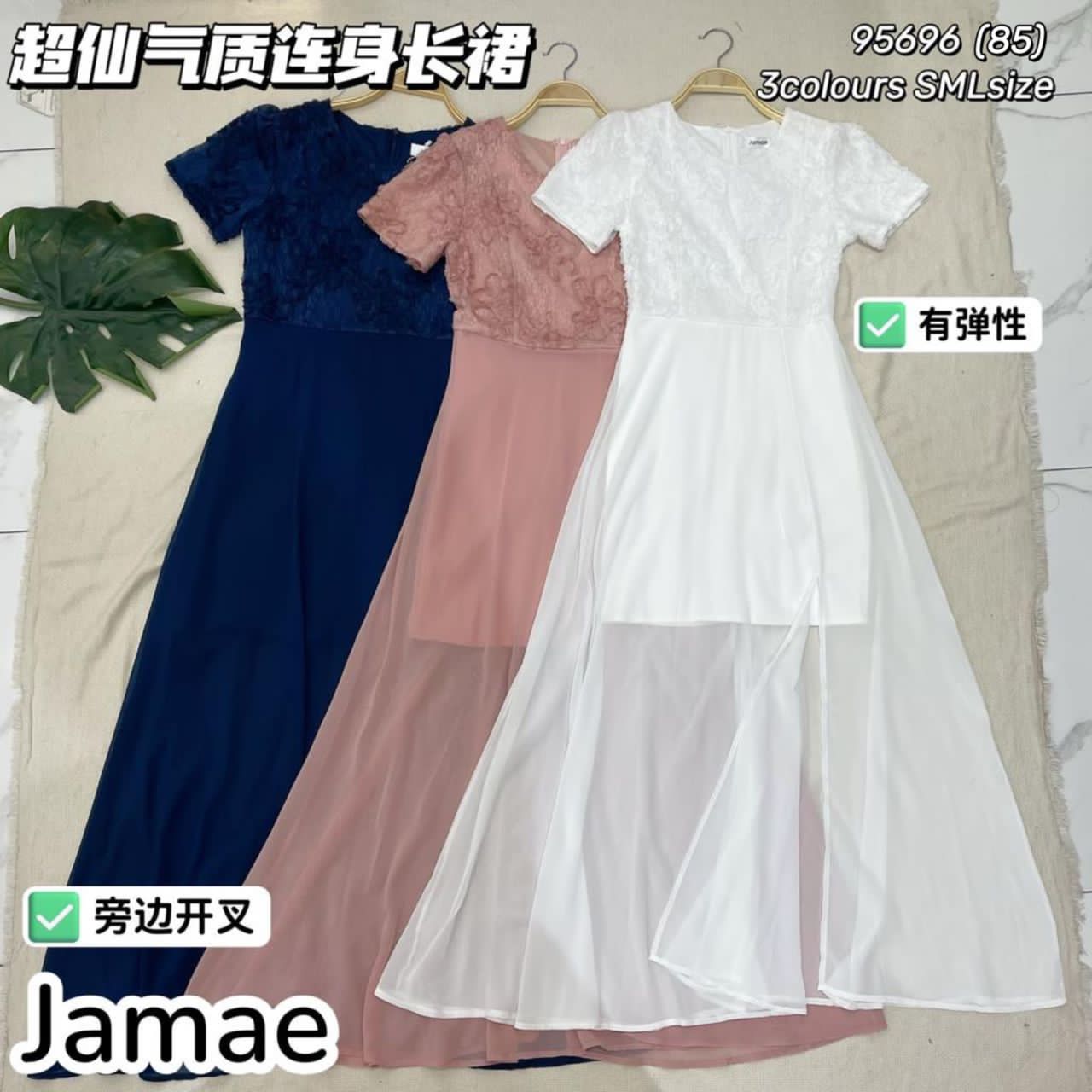 【D95696】超仙立体花蕾丝拼接西装网纱开叉连身裙子
