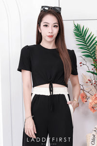 【SS1556】高品质纯棉弹力休闲简约百搭套装 抽绳收腰圆领短袖宽松休闲上衣➕松紧腰弹力阔脚长裤，有口袋 ❤️❤️【A-R2-C3】