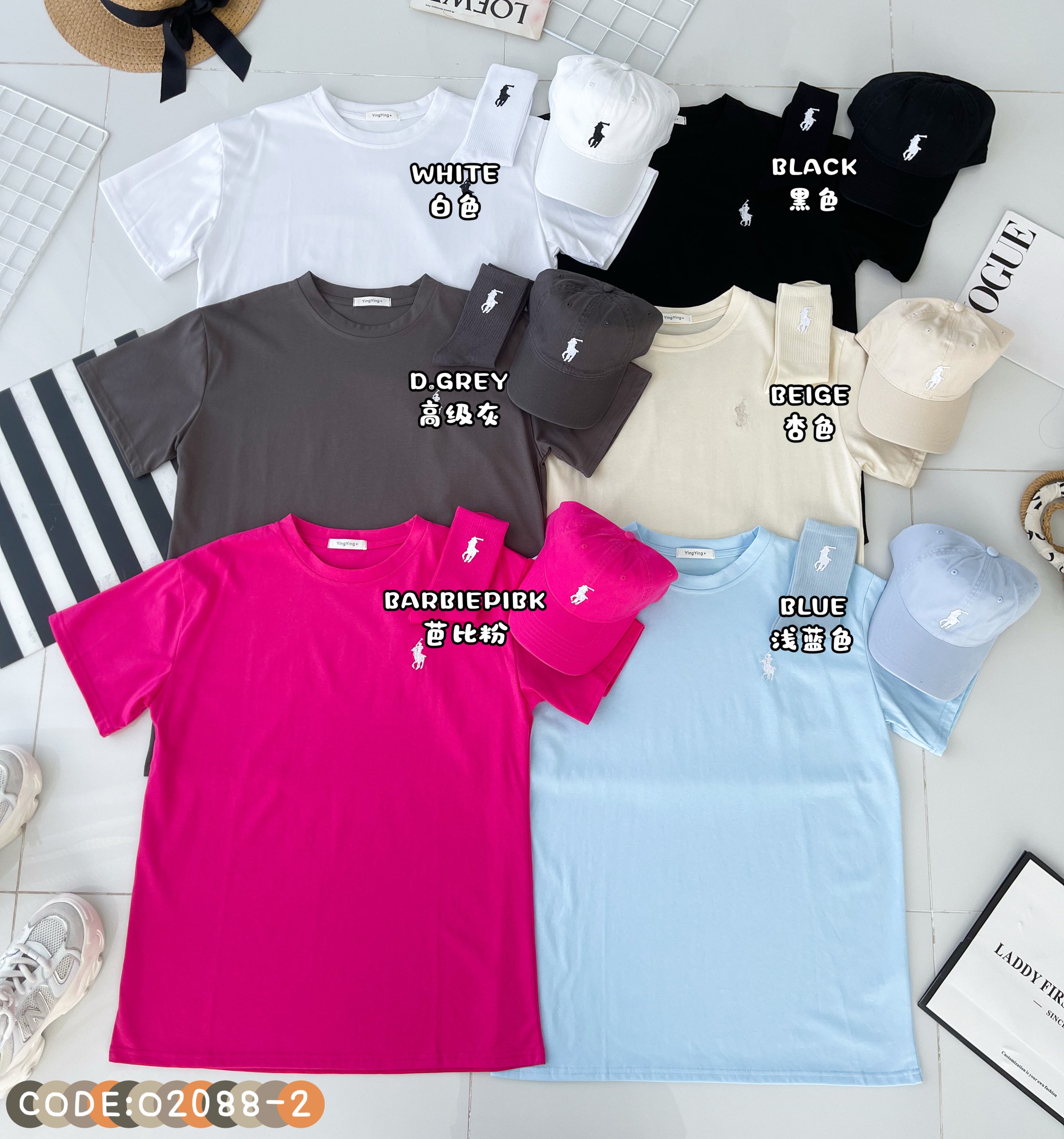 【O2088-2】高品质三件套男女同款圆领短袖polo刺绣Oversized 休闲上衣➕帽子➕袜子 ❤❤【A-RU7】