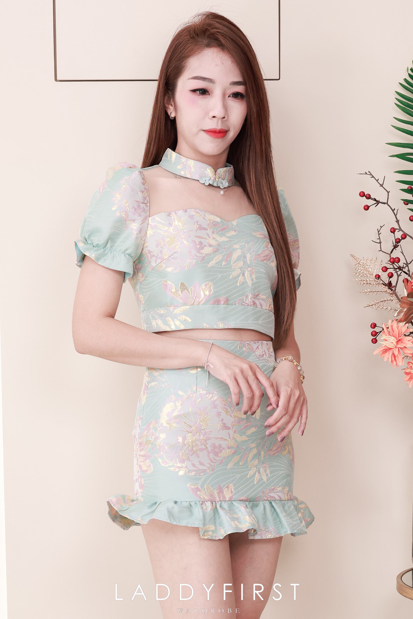 【SS3386-2】【LFW独家小圆饼】高品质两件式提花旗袍套装 泡泡袖提花拼接网纱旗袍上衣➕荷叶摆提花高腰裙子，内层有里布短裤 ❤️❤️