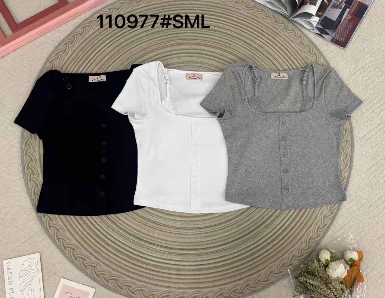【T110977】高品质针织弹力假两件方领短袖百搭上衣 ❤️❤️