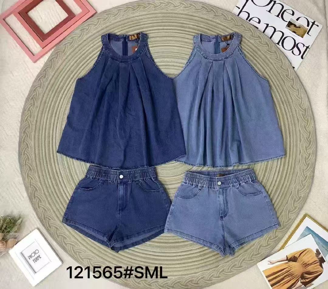 【SS121565】【补厂家现货⚡⚡】高品质两件式韩系简约休闲牛仔套装 宽松无袖牛仔上衣➕松紧腰高腰百搭短裤，有口袋 ❤️❤️