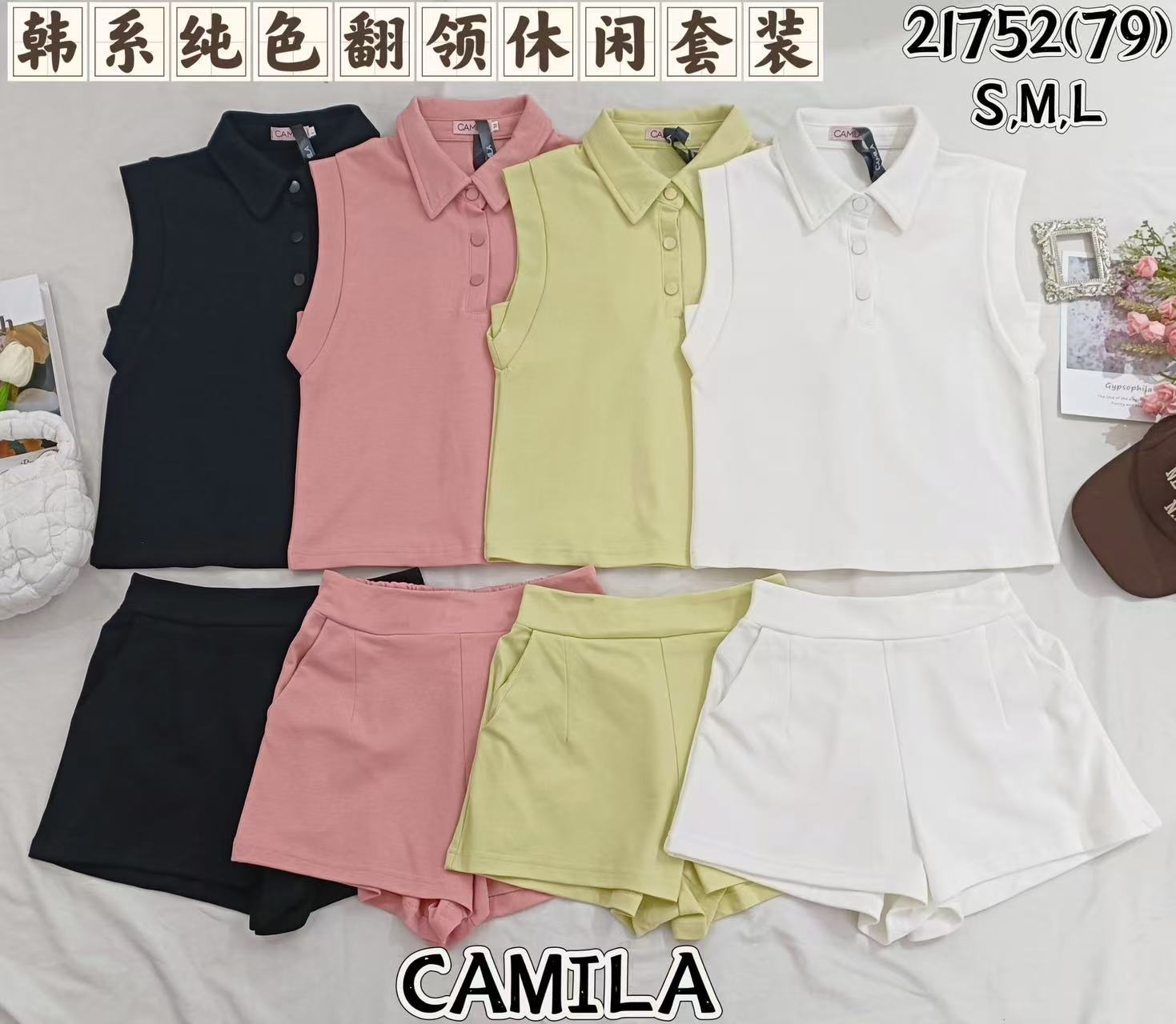 【SS21752 / 3414】【补厂家现货⚡⚡】高品质两件式翻领日常简约休闲百搭套装 翻领百搭上衣➕高腰休闲百搭短裤，有口袋 ❤️❤️