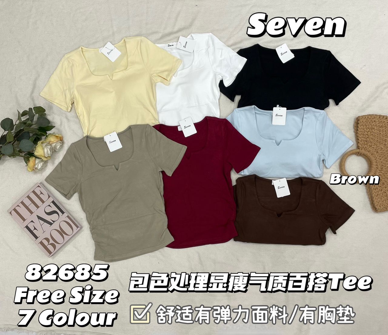 【T82685】高品质带胸垫纯棉弹力小v领收腰设计简约日常百搭上衣 ❤❤