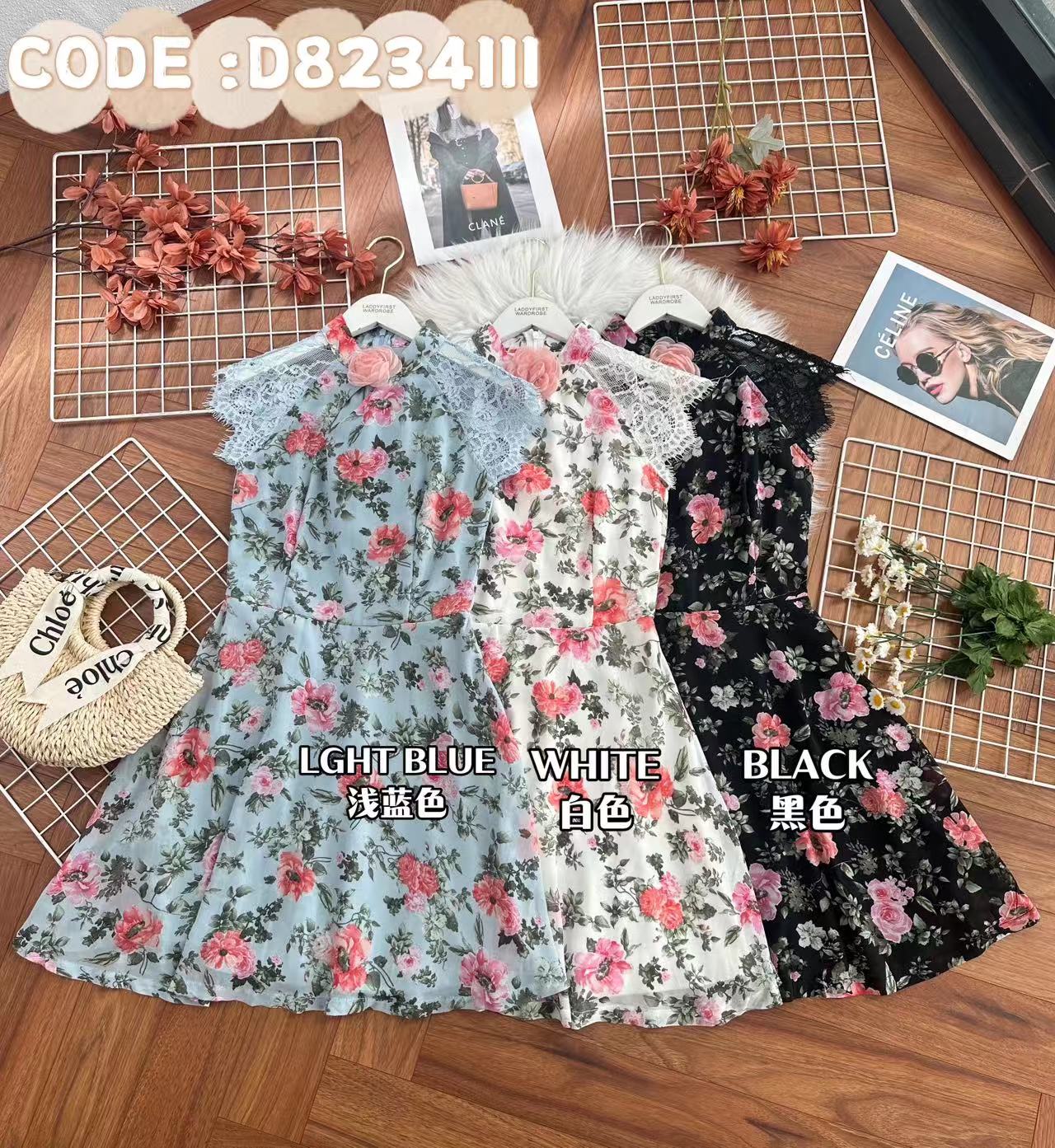 【D8234111】高品质立体花瓣领设计雪纺印花连身裙子 ❤❤