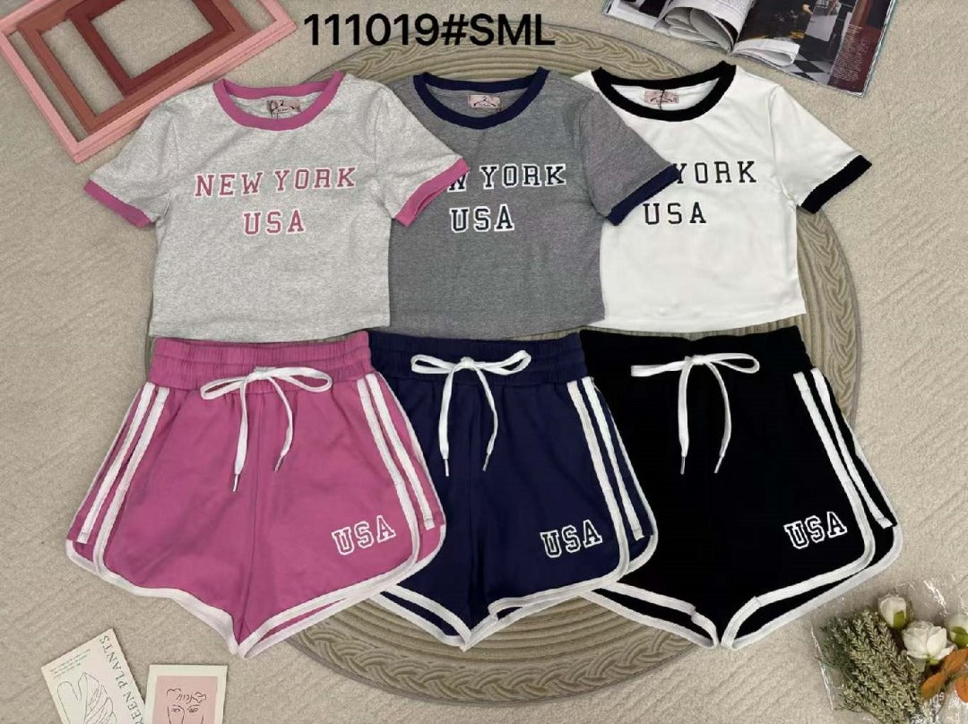 【SS111019】高品质两件式纯棉弹力日常简约休闲百搭套装 撞色包边短袖上衣➕松紧腰弹力休闲百搭短裤，有口袋 ❤️❤️