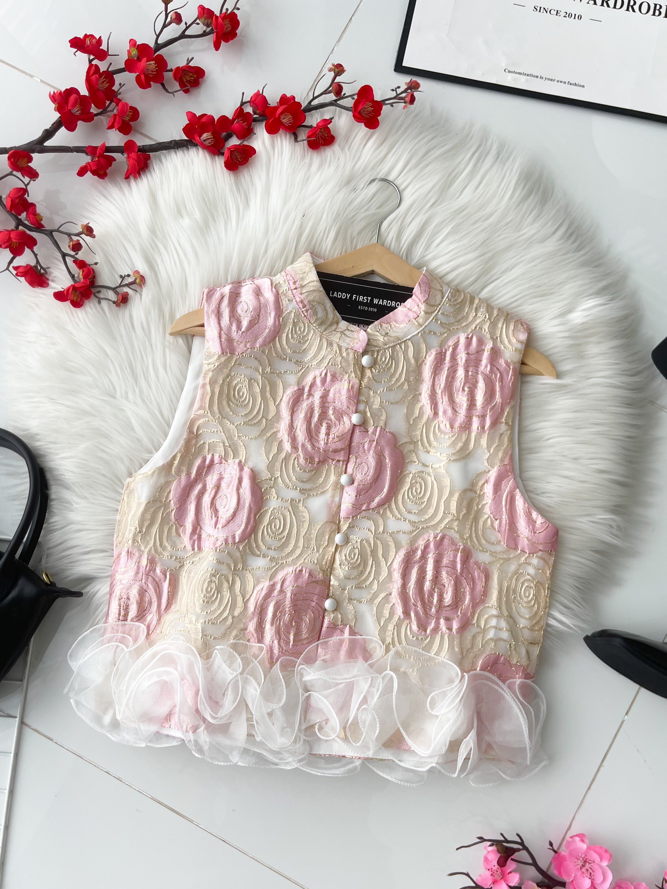 【T8238961】高品质高端气质金线提花拼接立体花瓣无袖旗袍上衣 ❤❤