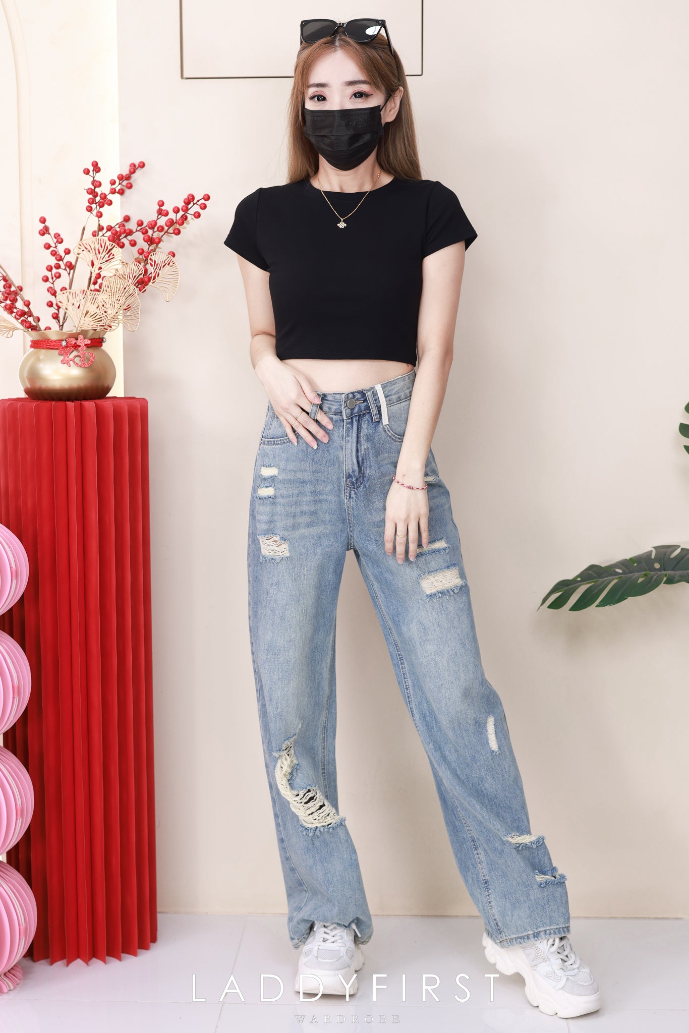 【L50231】高品质牛仔阔脚破洞直筒高腰长裤，有口袋 ❤️❤️【B-R2-C2】