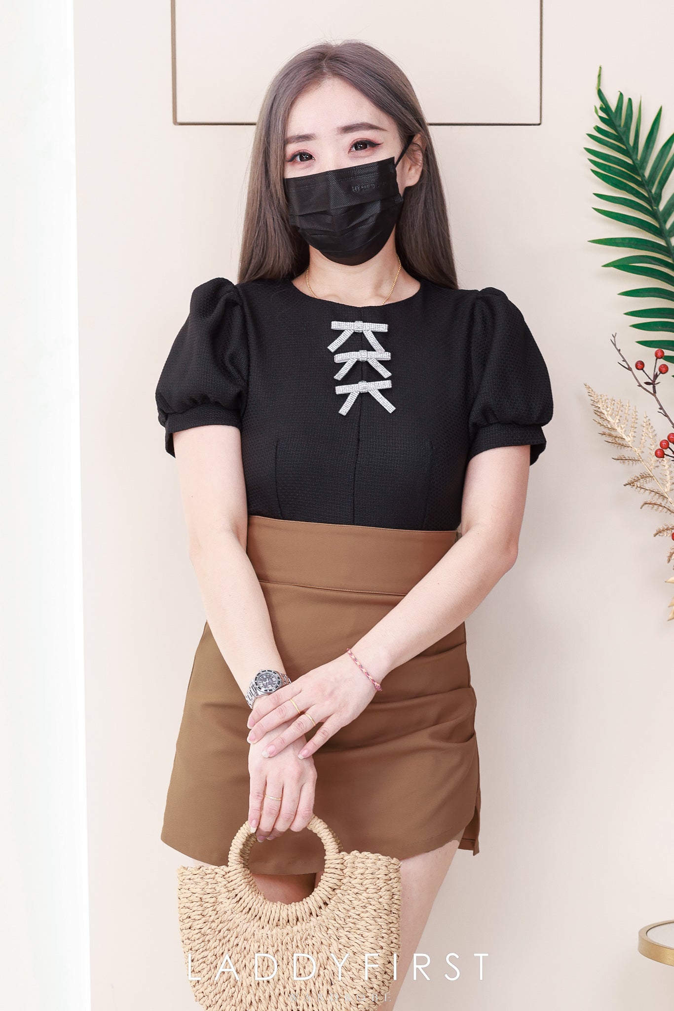 【T8236011】高品质时装款小香风蝴蝶结泡泡袖上衣❤️❤️