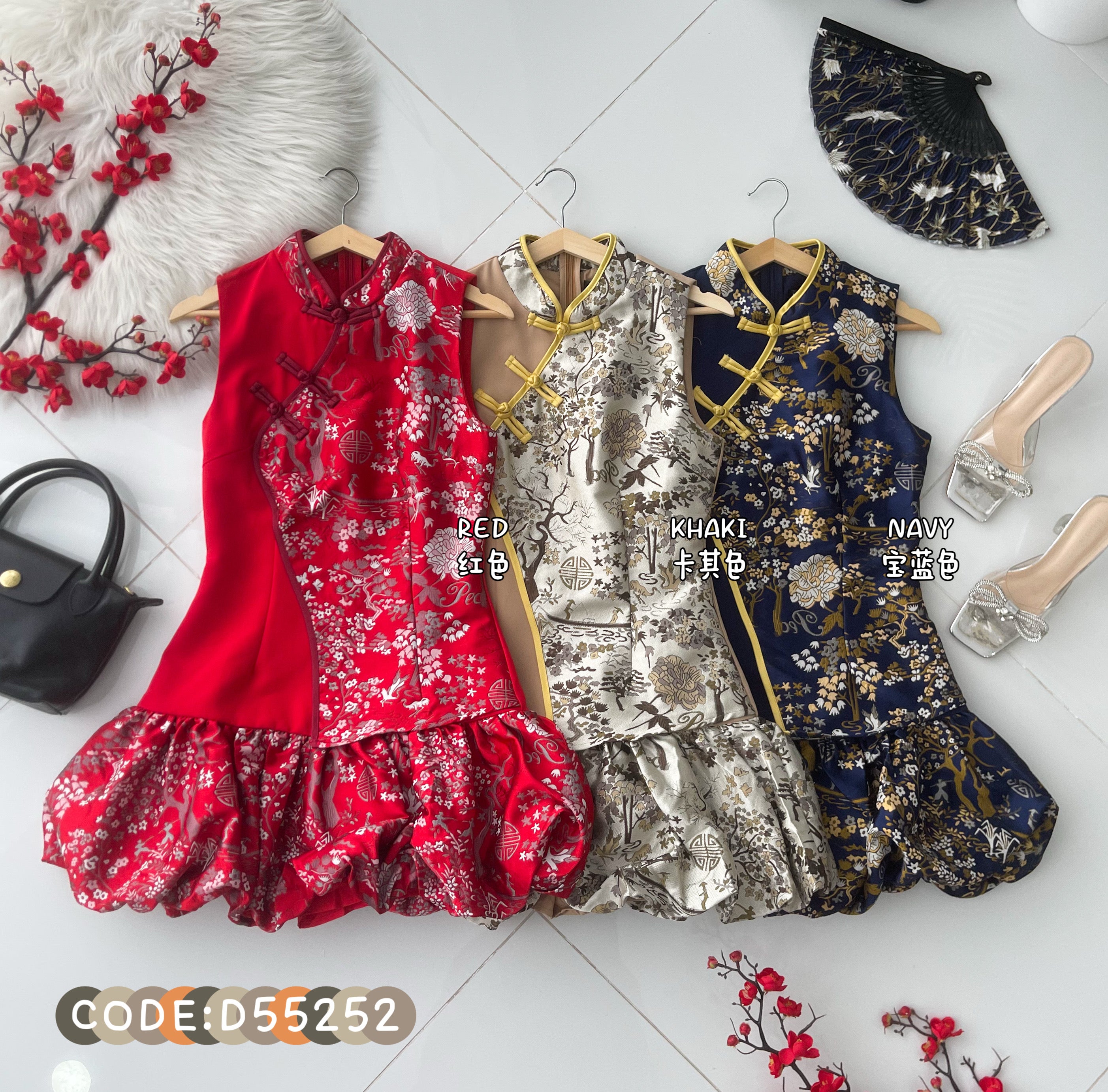 【D55252-1】⚡补货预订款⚡高品质气质国风花苞提花旗袍连身裙子，内层有里布短裤 ❤❤