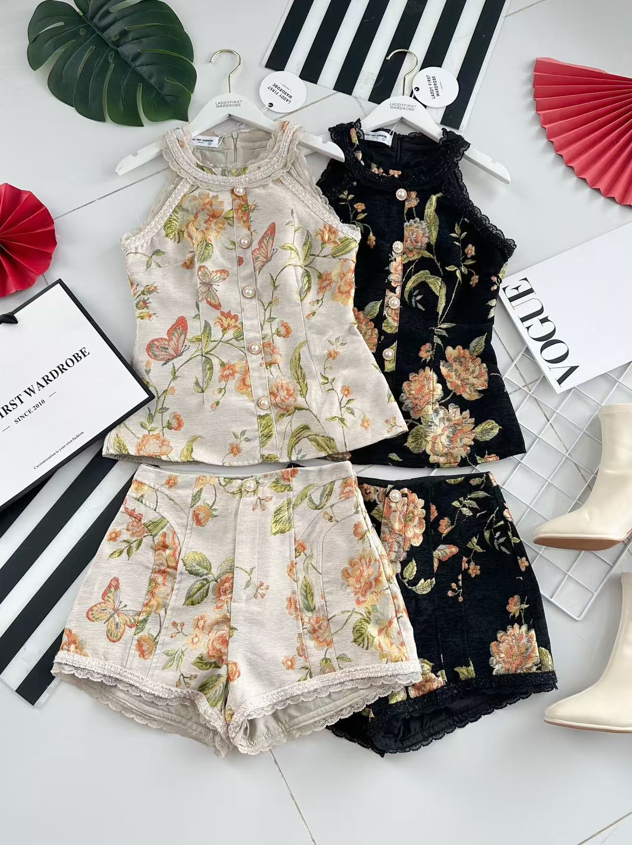 【SS3494】🧧 宠粉福利回馈 🧧 【LFW独家小圆饼】高品质两件式雪尼尔棉质CUT IN提花套装 无袖CUT IN收腰设计上衣➕高腰短裤，有口袋 ❤️❤️