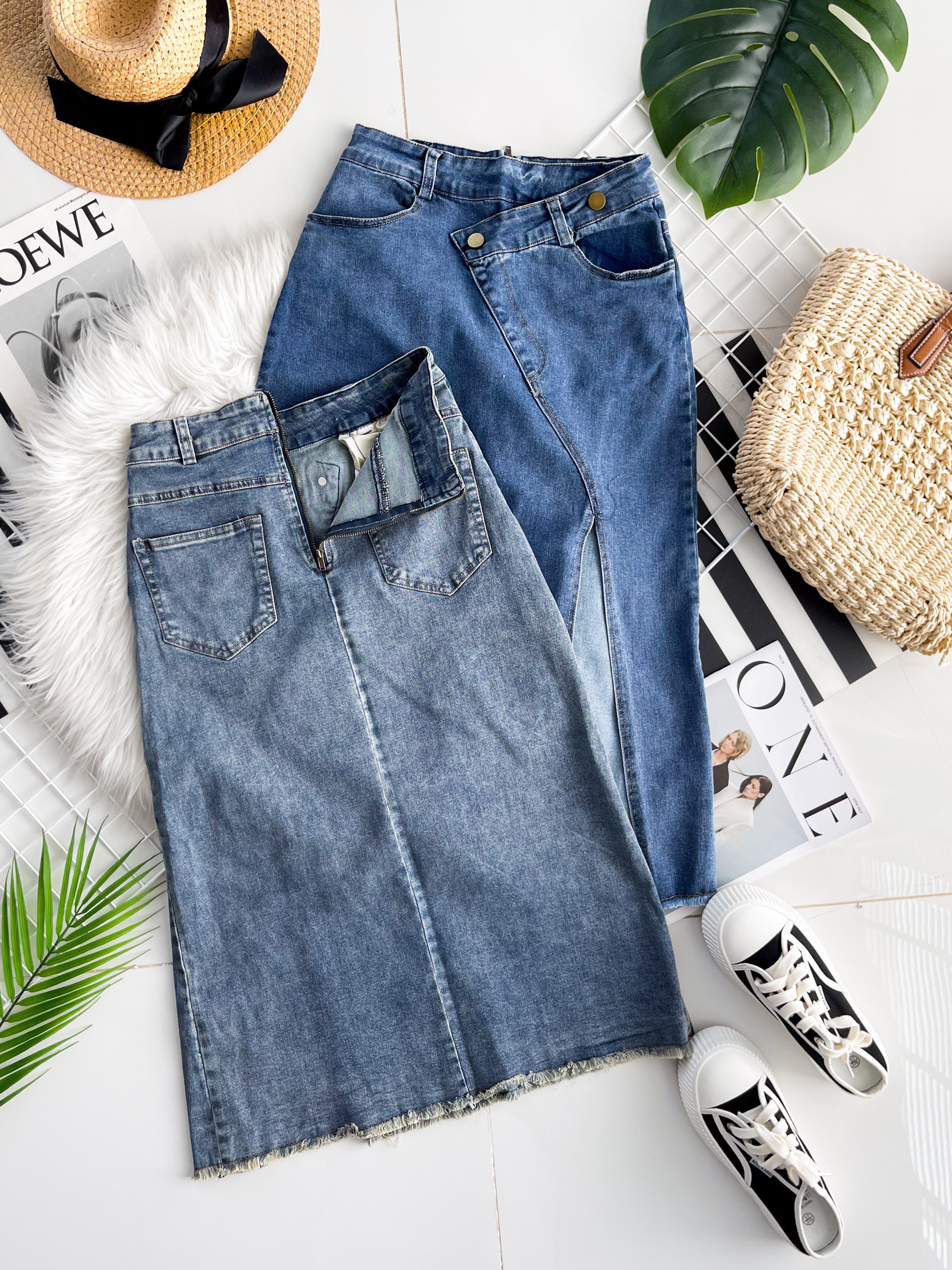 【L121417】高品质COTTON JEANS牛仔弹力韩系时尚开叉设计高腰裙子，有口袋 ❤️❤️