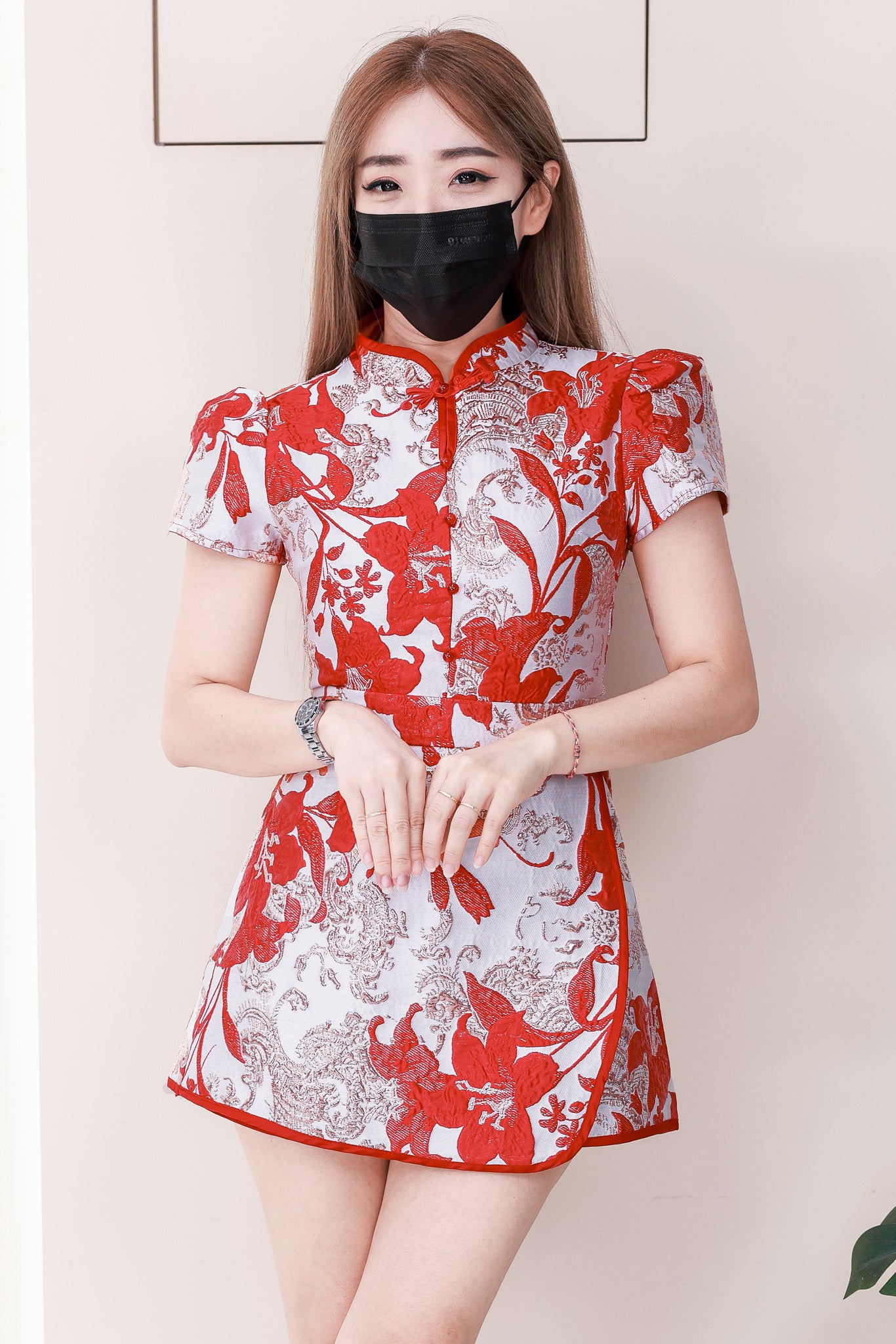 【SS6763】高品质两件式高贵又贵气提花旗袍套装 短袖提花旗袍上衣➕提花高腰裙子，内层有里布短裤 ❤️❤️