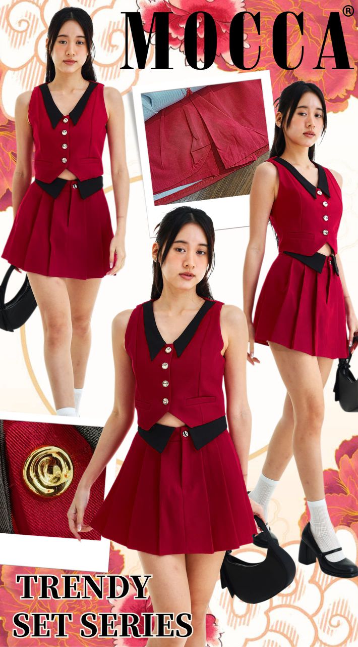 【SS77136】【补厂家现货⚡️⚡️】高品质两件式减龄学院风西装套装 V翻领无袖上衣➕百褶西装高腰百搭裙子，内层有里布短裤 ❤️❤️