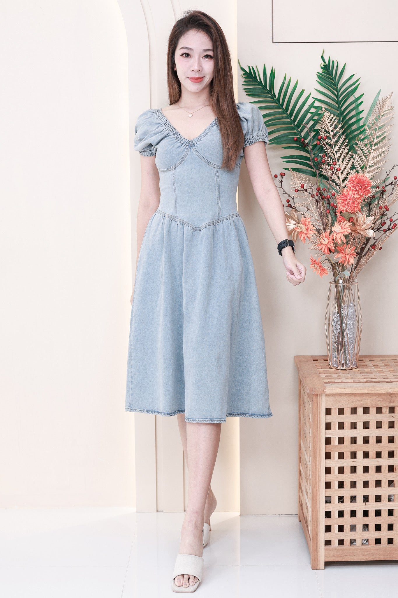 【D121339】COTTON JEANS牛仔弹力法式前后V领时尚气质牛仔连身裙子 ❤️❤️【A-R2-C6】
