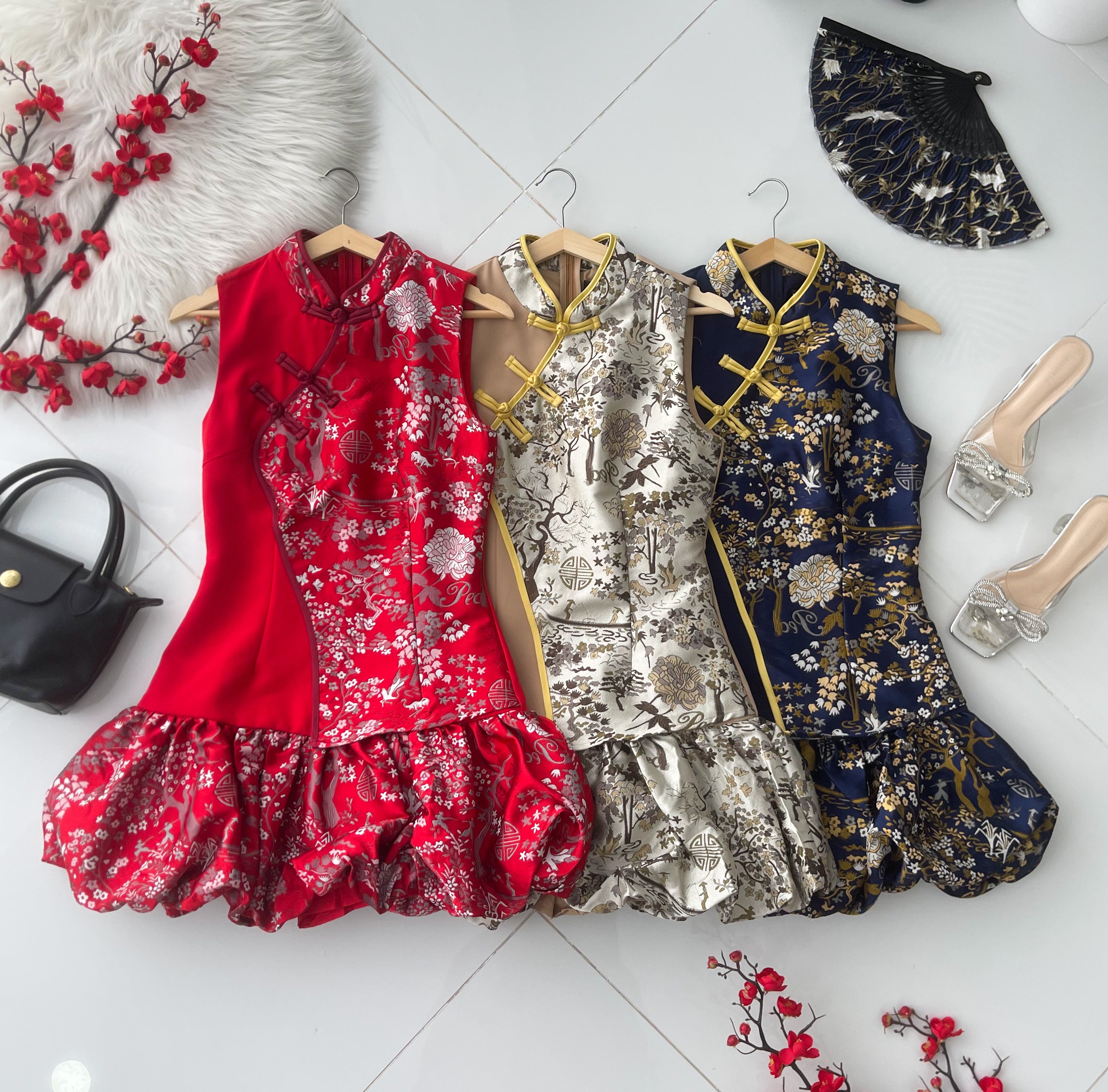 【D55252-1】⚡补货预订款⚡高品质气质国风花苞提花旗袍连身裙子，内层有里布短裤 ❤❤