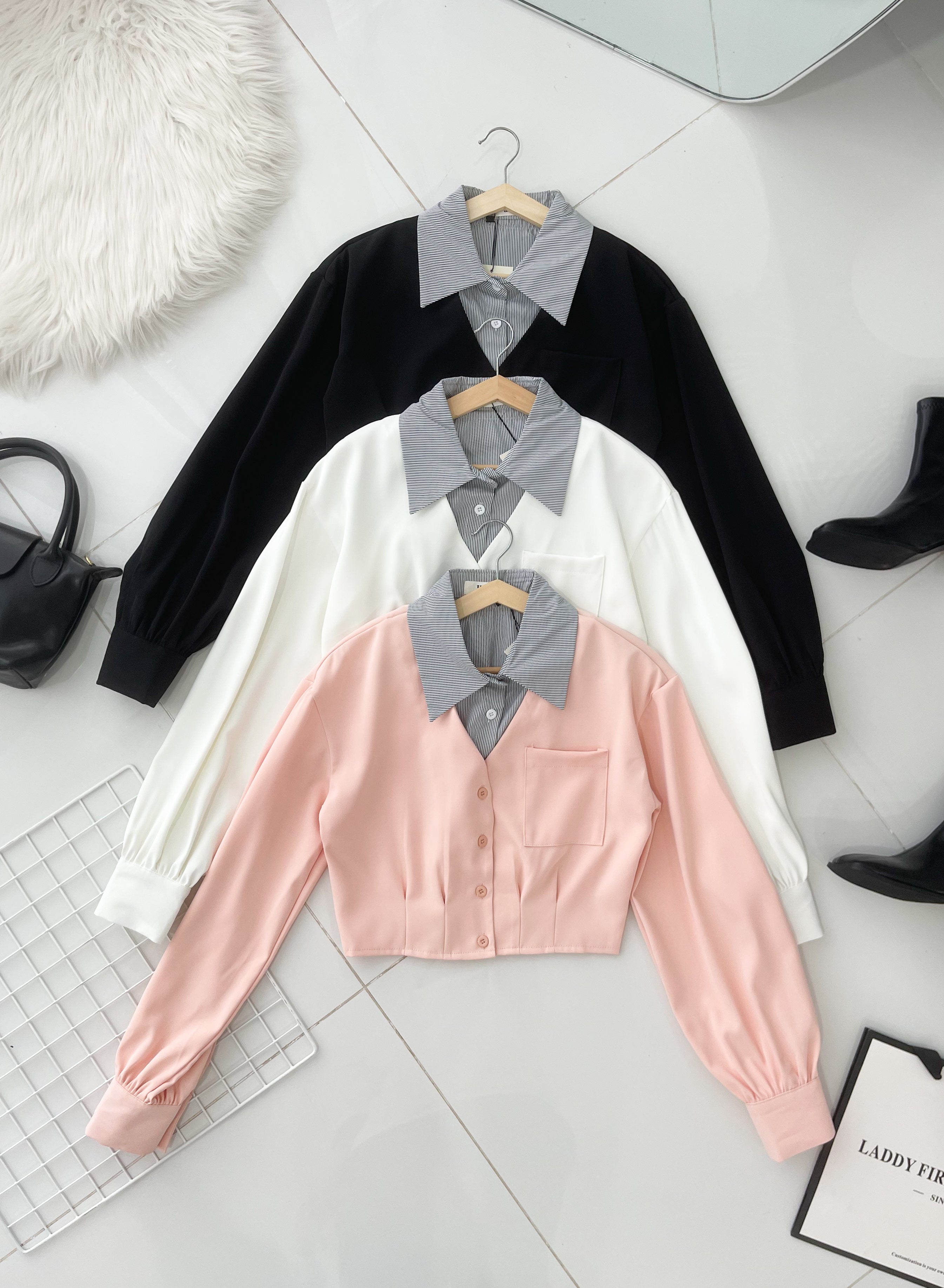 【T98793】高品质假两件线条翻领拼接西装长袖上衣 ❤❤