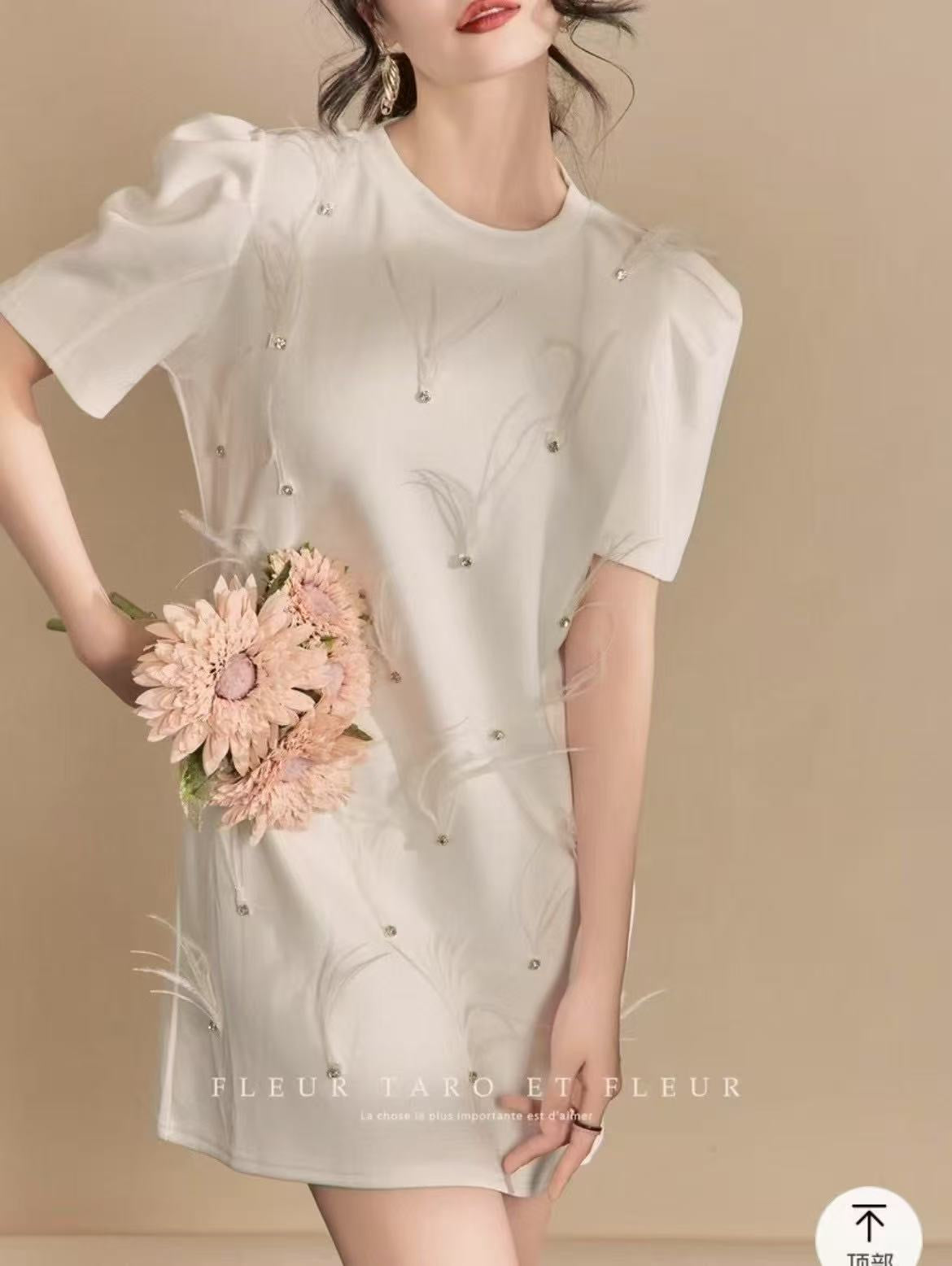 【D8808】🌟现货🌟高品质羽毛水钻时尚甜美连身裙子 ❤️❤️