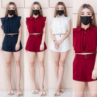 【SS3516】【LFW独家小圆饼】高品质两件式时尚百搭西装套装 翻领西装拼接雪纺上衣➕西装高腰百搭短裤，有口袋 ❤️❤️ 【A-R2-C5】
