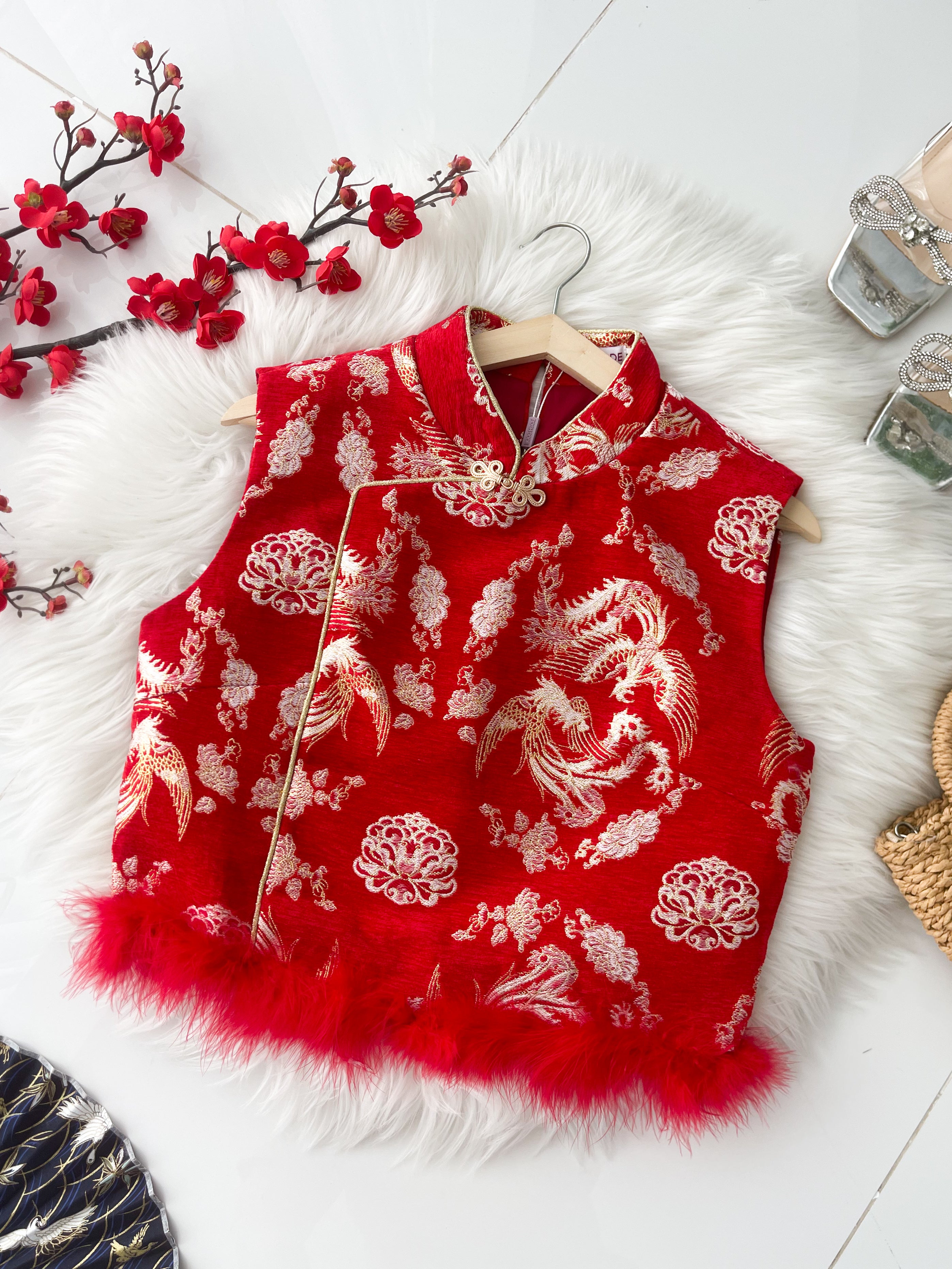 【T14551 / 65342】高品质高端气质雪尼尔拼接毛毛提花旗袍上衣 ❤❤