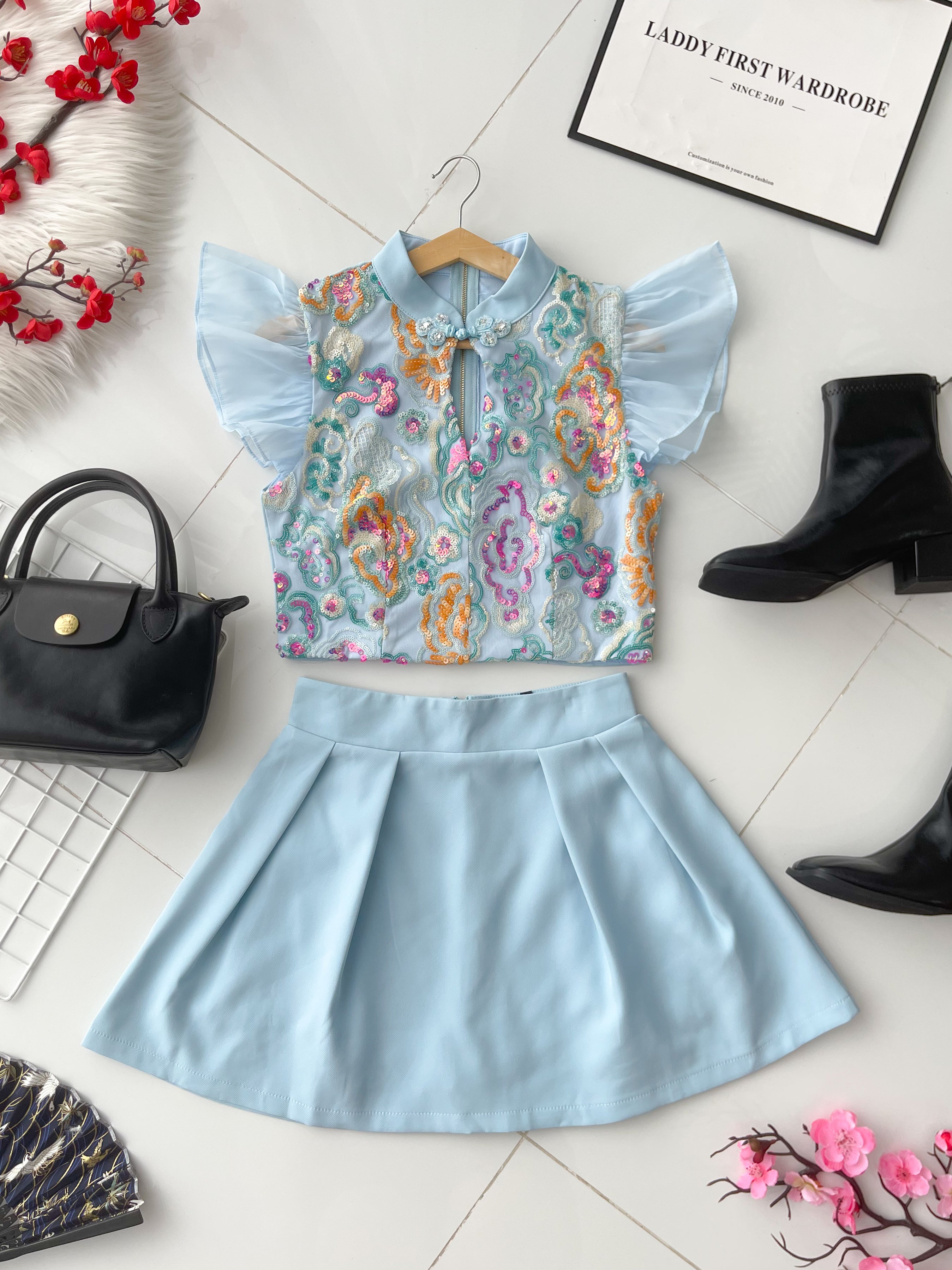 【SS8238811】高品质两件式重工新中式气质旗袍套装 锦棉拼接亮片旗袍上衣➕西装高腰百搭裙子，内层有里布短裤 ❤️❤️【A-R1-C5】