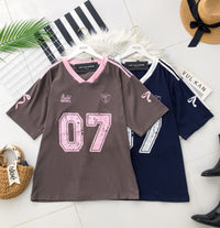【T110906】高品质V领拼色07运动风纯棉弹力Oversized 日常休闲上衣 ❤❤ 【A-R3-C1】