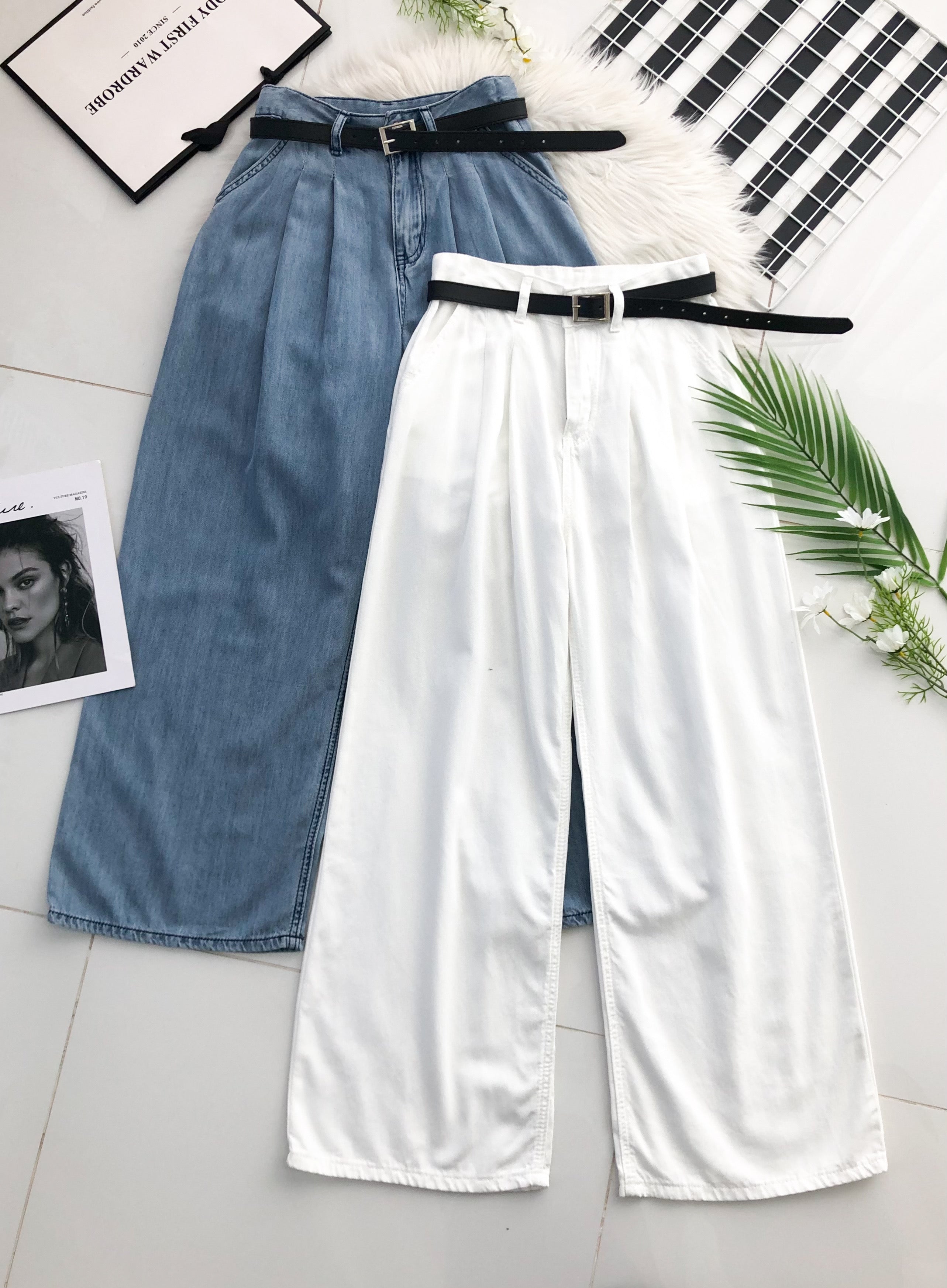 【L3582】高品质气质天丝牛仔直筒阔脚高腰百搭长裤，配送腰带有口袋 ❤️❤️