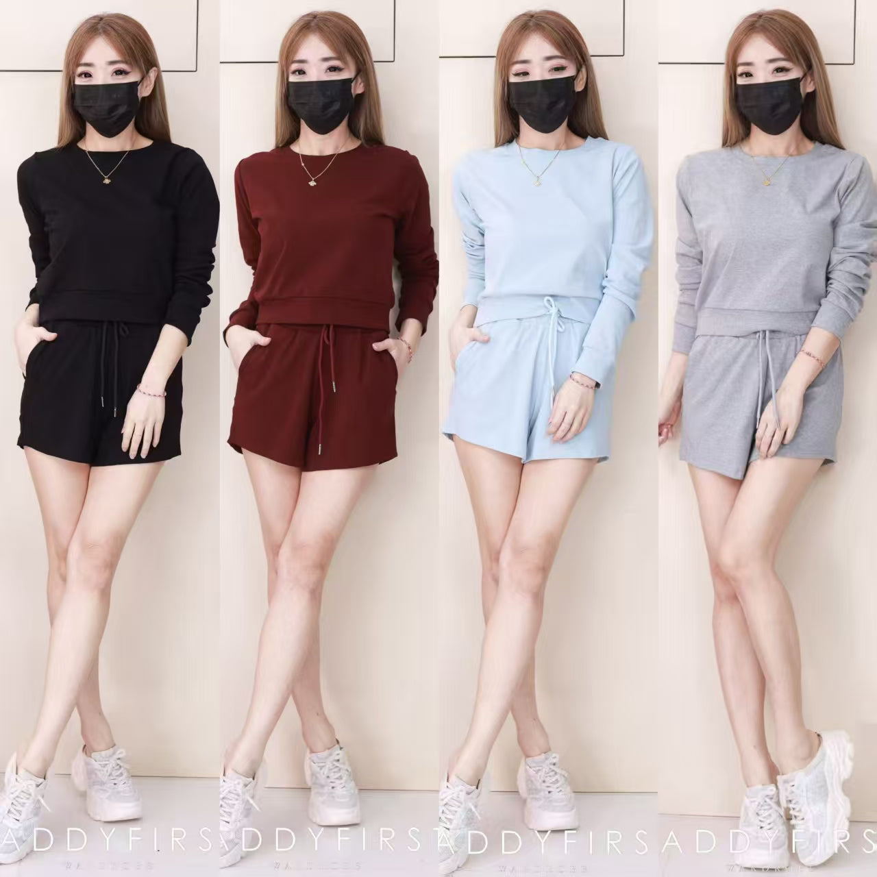 【SS823740】高品质两件式纯棉简约休闲百搭套装 宽松版休闲百搭长袖上衣➕松紧腰弹力休闲短裤，有口袋 ❤️❤️【B-R1-C4】