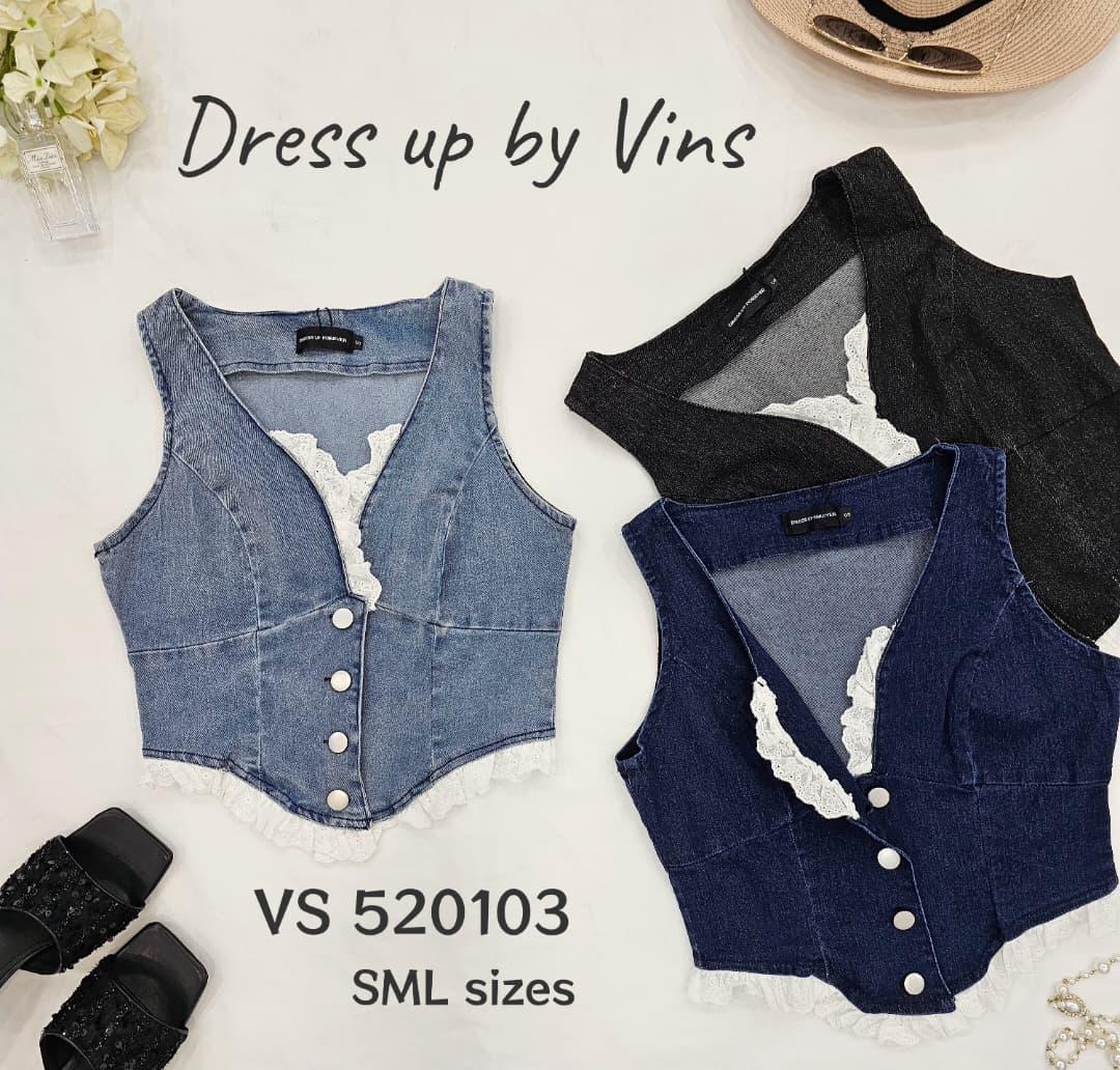 【T520103】高品质V领桐花边无袖牛仔上衣 ❤❤