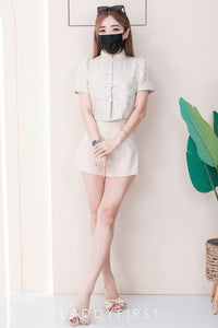 【SS3471】【LFW独家小圆饼】高品质两件式高端气质时尚提花旗袍套装 立领短袖盘扣提花旗袍上衣➕西装高腰百搭短裤，有口袋 ❤️❤️ 【D-R1-C5】