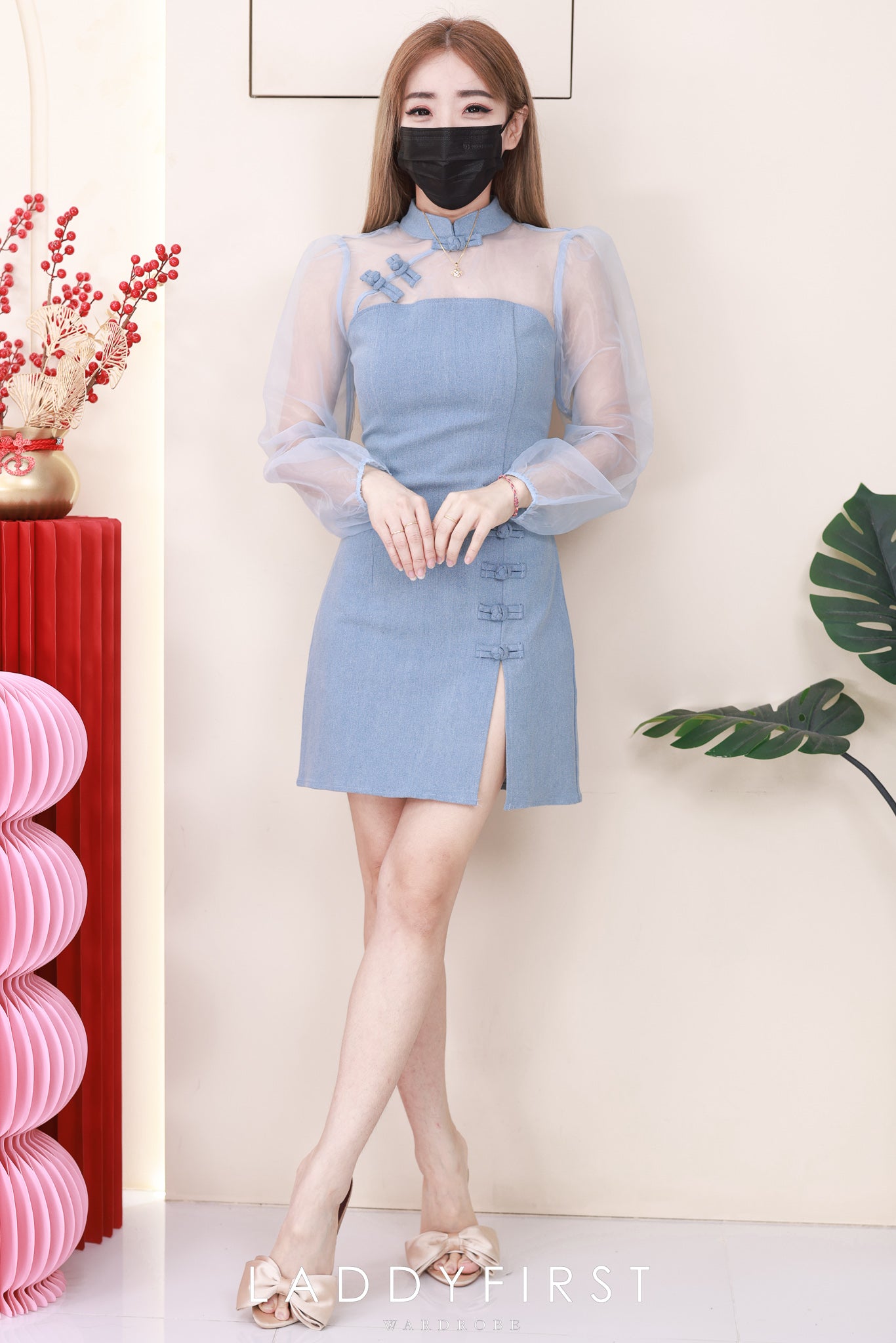 【D2640】高品质优雅气质透视网纱拼接牛仔旗袍连身裙子 ❤❤【B-R2-C4】