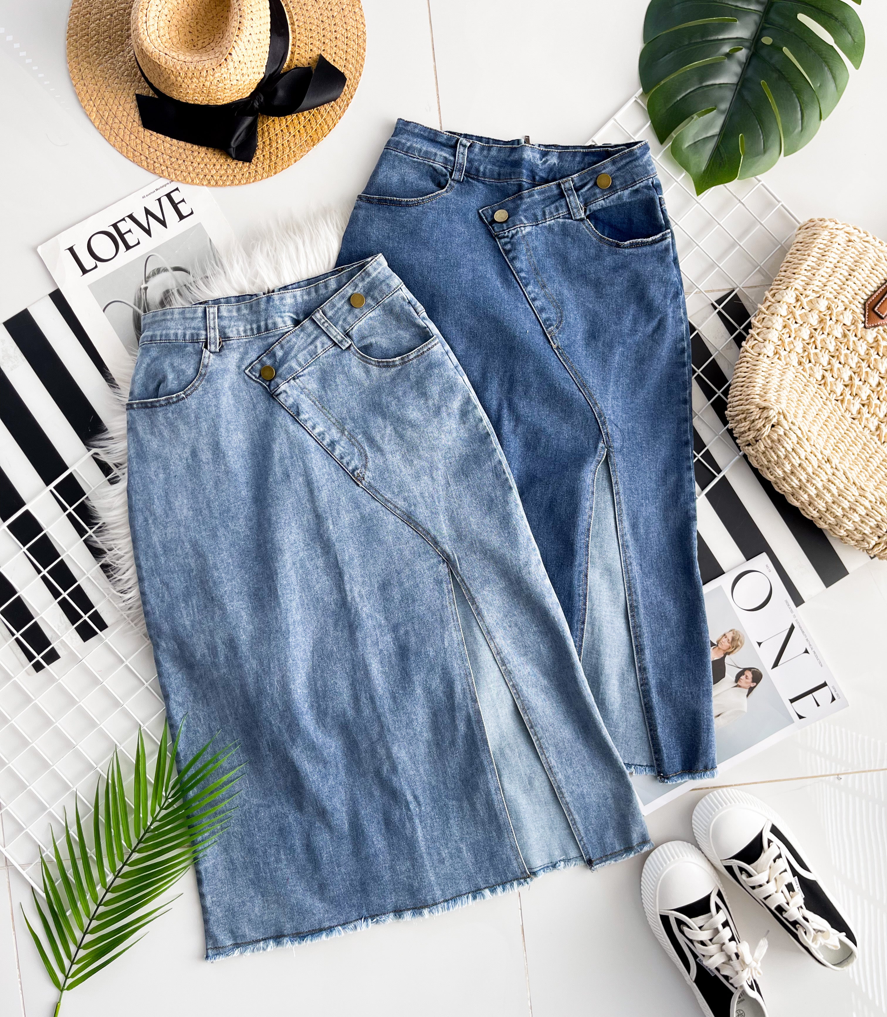 【L121417】高品质COTTON JEANS牛仔弹力韩系时尚开叉设计高腰裙子，有口袋 ❤️❤️