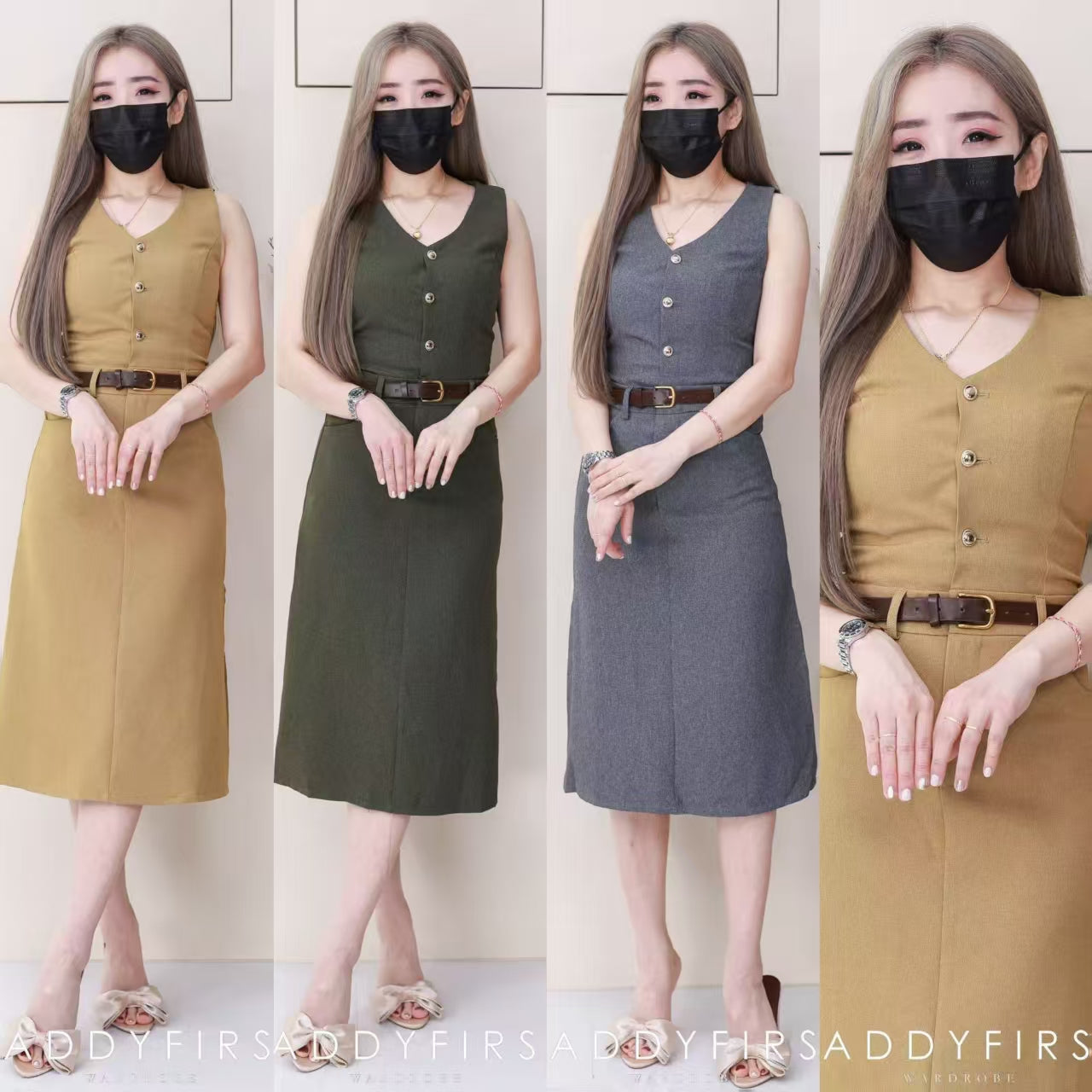 【D110786】韩系复古工装慵懒风无袖连身裙子，侧边开叉设计，有口袋 #配送腰带 ❤️❤️