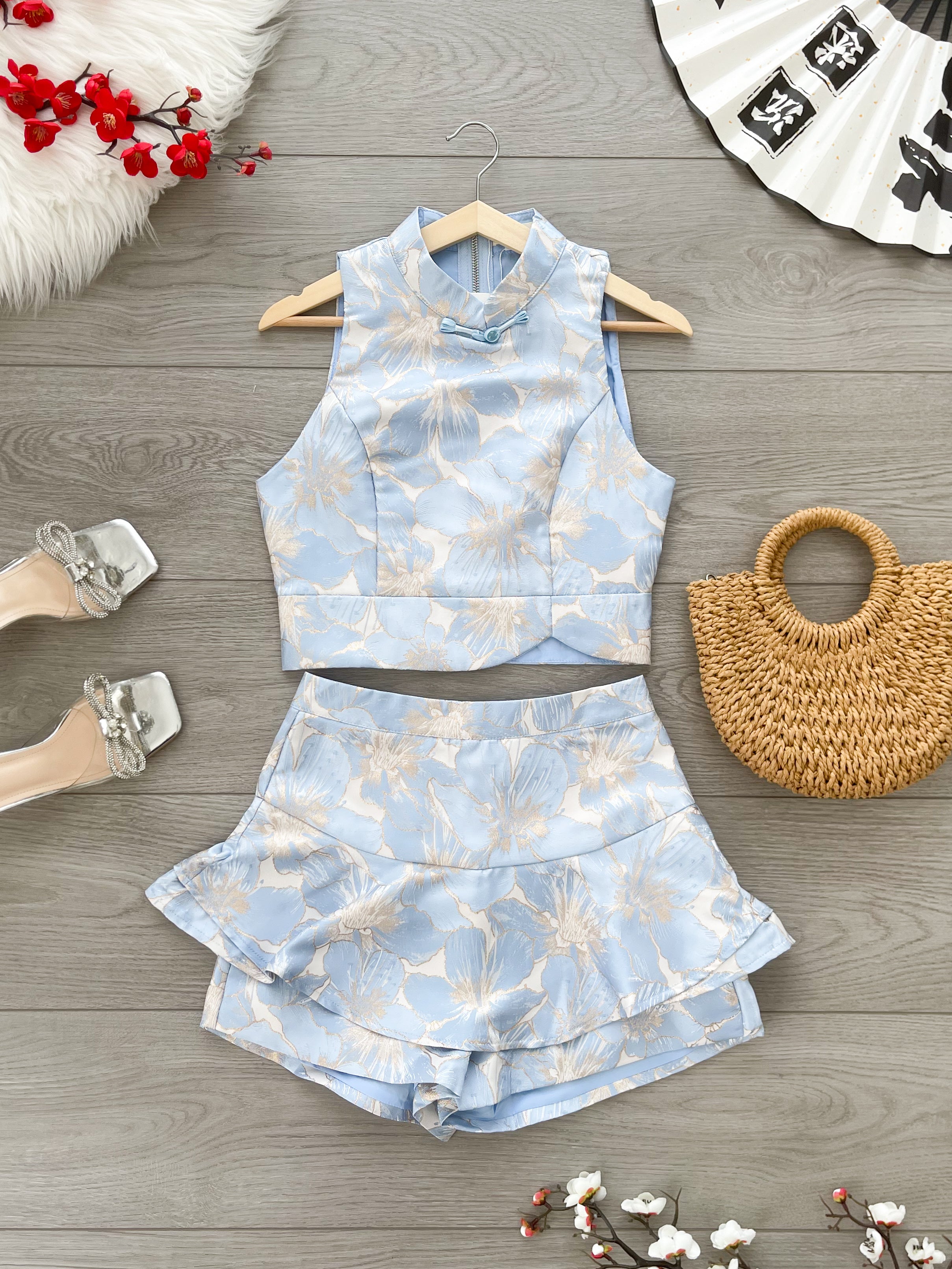 【SS81191】高品质两件式新中式提花旗袍套装 无袖提花旗袍上衣➕荷叶边提花高腰裤裙 ❤️❤️