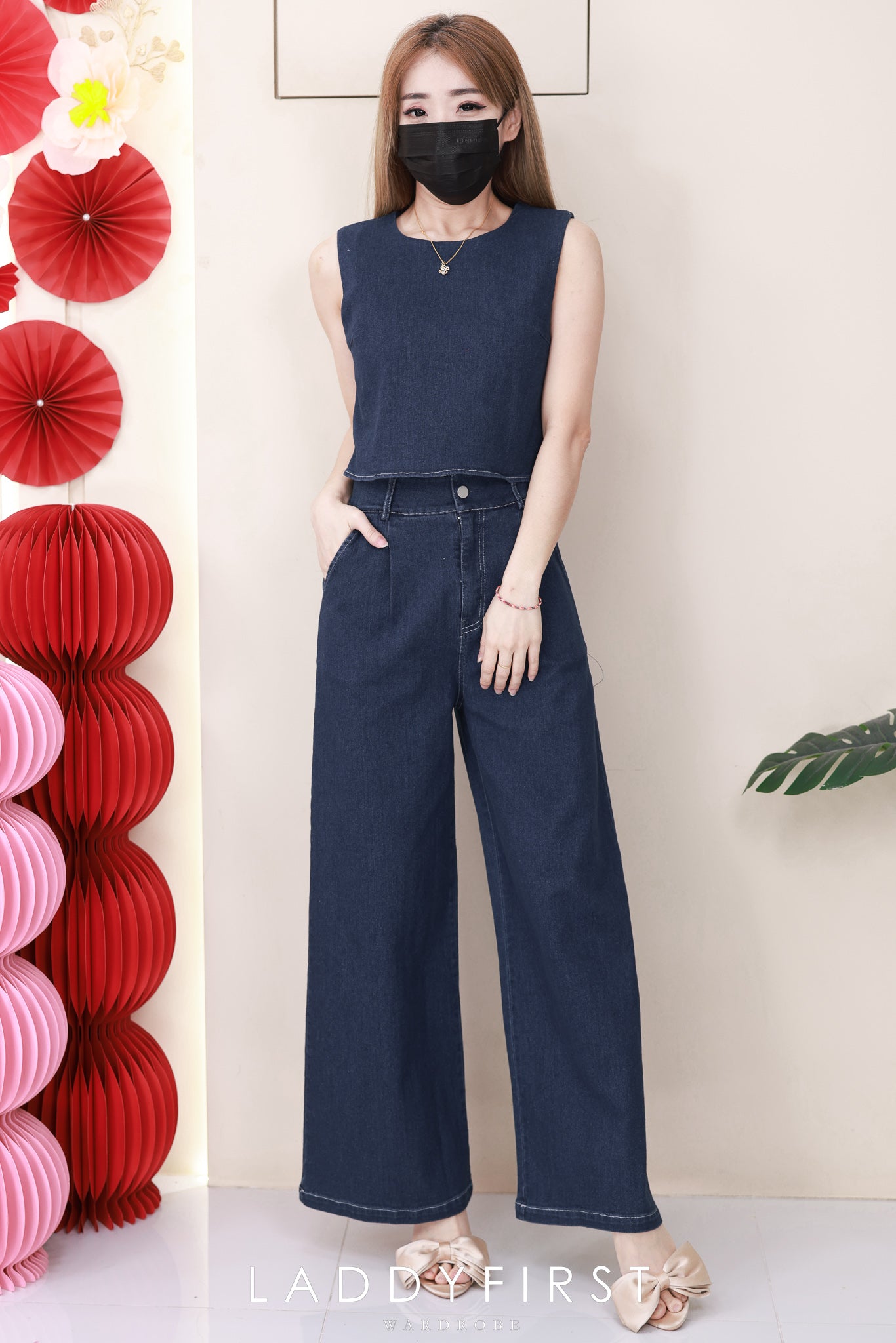 【SS2631】高品质两件式御姐风气质简约牛仔套装 宽松牛仔无袖上衣➕阔脚牛仔高腰百搭短裤，有口袋 ❤️❤️