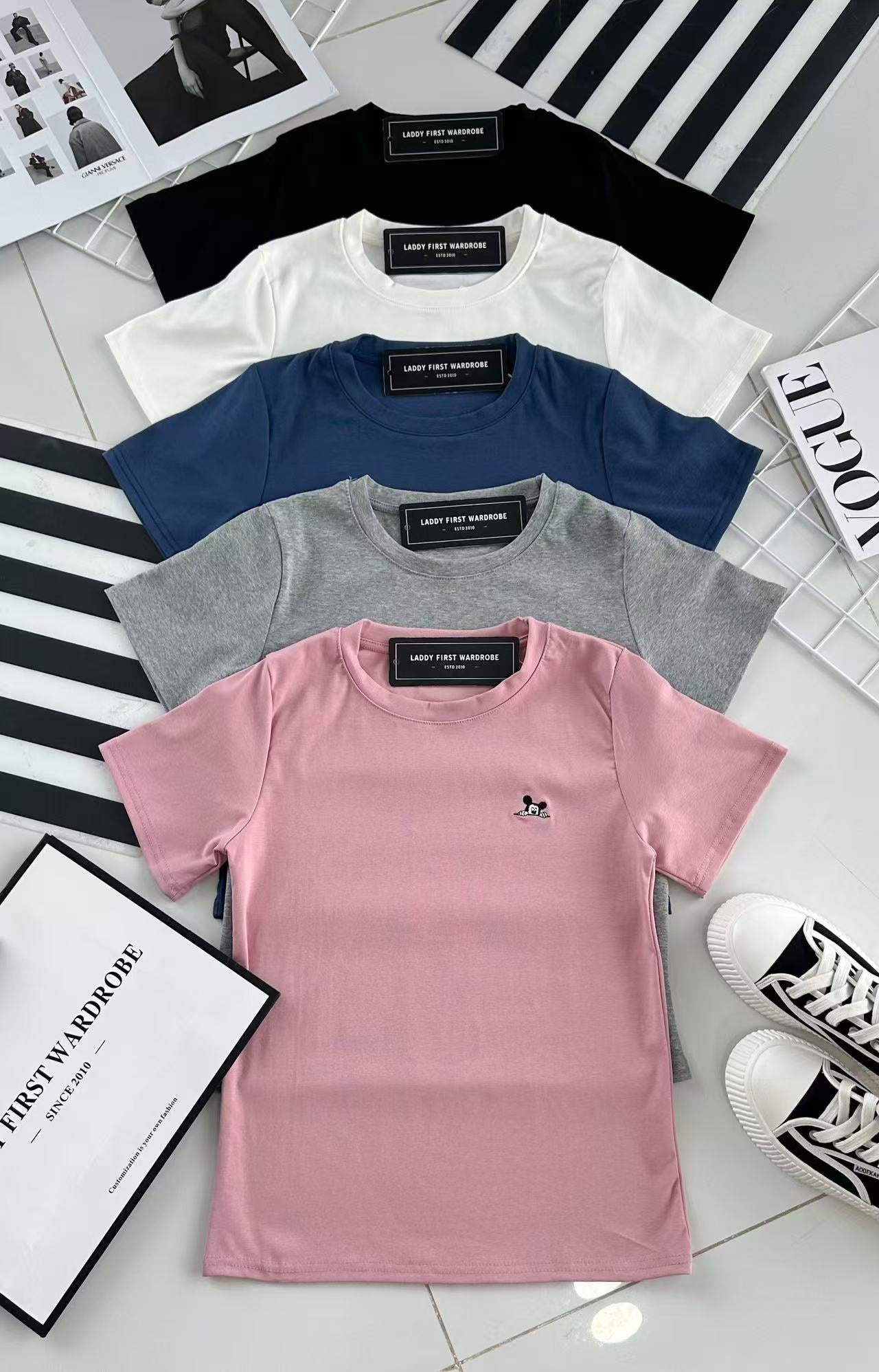 【T68013-1】⚡补货预订款⚡高品质米奇刺绣logo圆领短袖纯棉弹力休闲百搭上衣 ❤❤