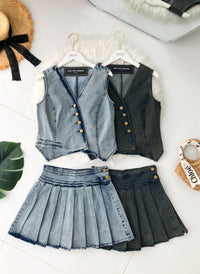 【SS121513】高品质两件式COTTON JEAN牛仔减龄马甲式套装 马甲式牛仔上衣➕百褶牛仔高腰裤裙 ❤️❤️【A-R2-C6】