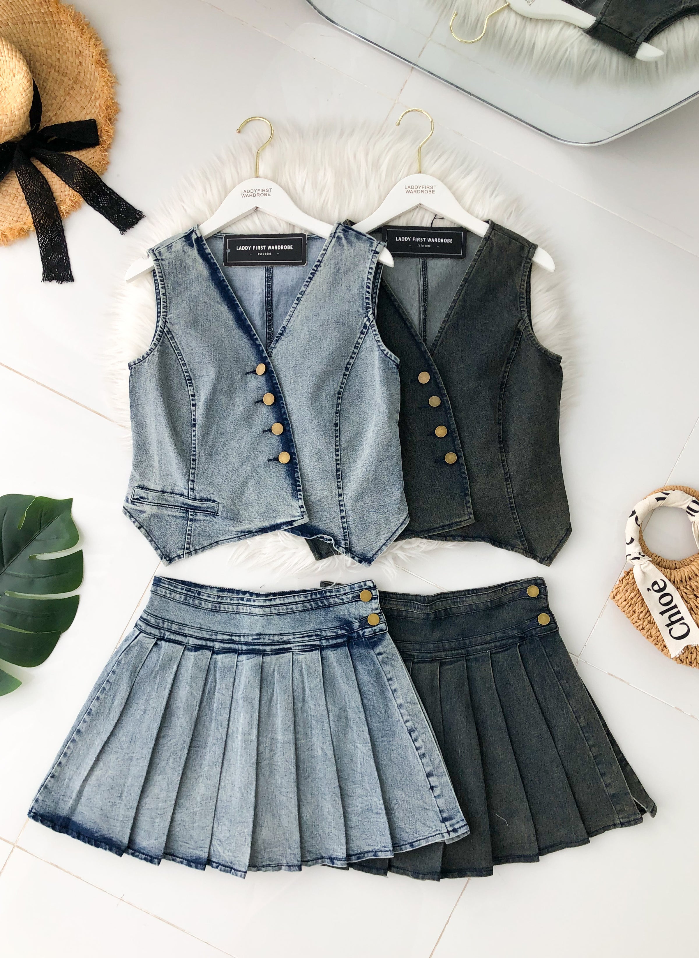 【SS121513】高品质两件式COTTON JEAN牛仔减龄马甲式套装 马甲式牛仔上衣➕百褶牛仔高腰裤裙 ❤️❤️【A-R2-C6】