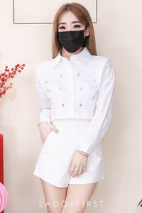 【T25268】高品质精致羽毛点缀拼接长袖衬衫短版上衣 ❤❤ 【B-R1-C4】