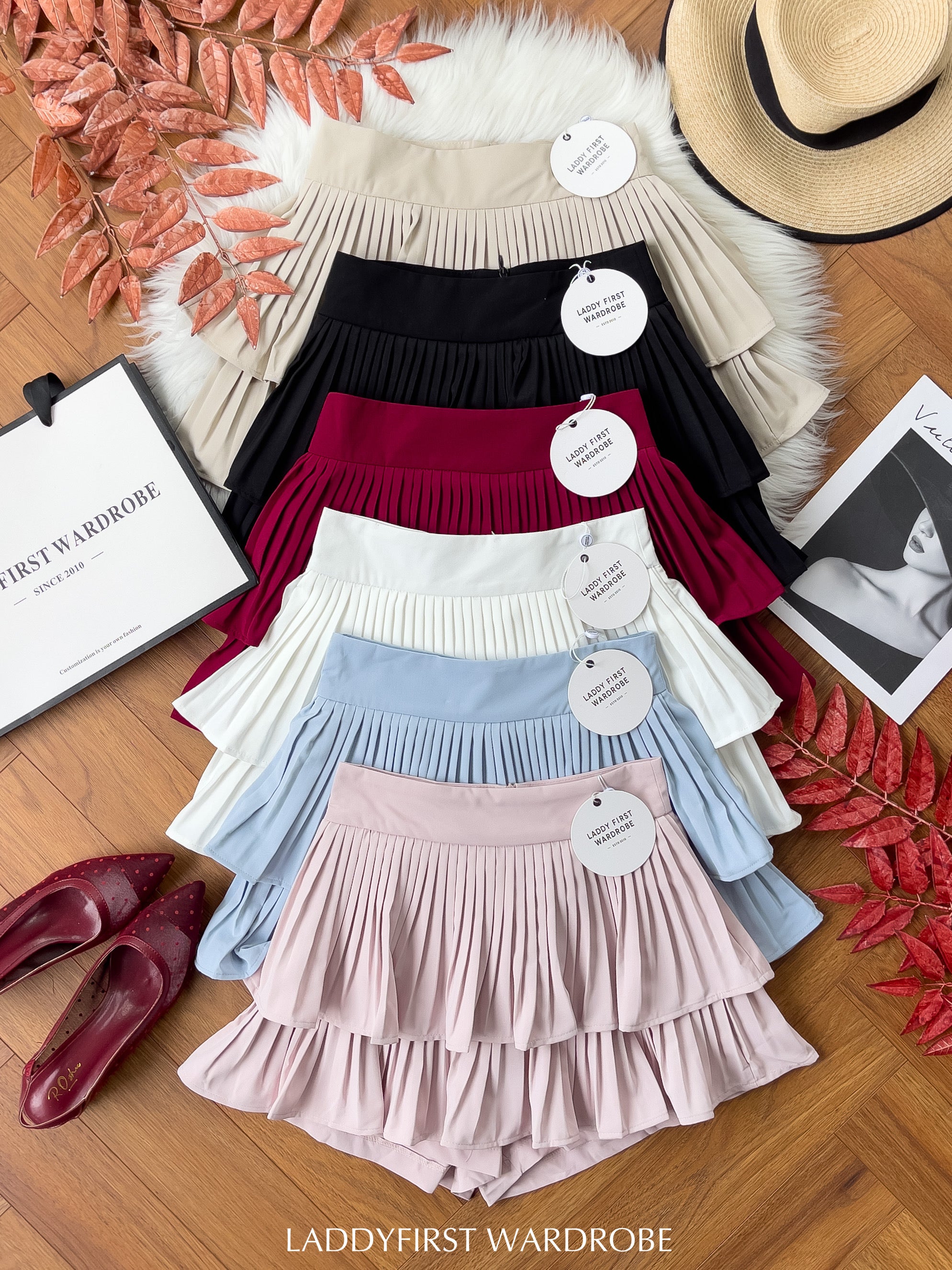 【S68135】【LFW独家小圆饼】【直播间搭配】双层蛋糕百褶荷叶边高腰显瘦西装裙子，内层防走光短裤 ❤️❤️ 【C-R3-C5】