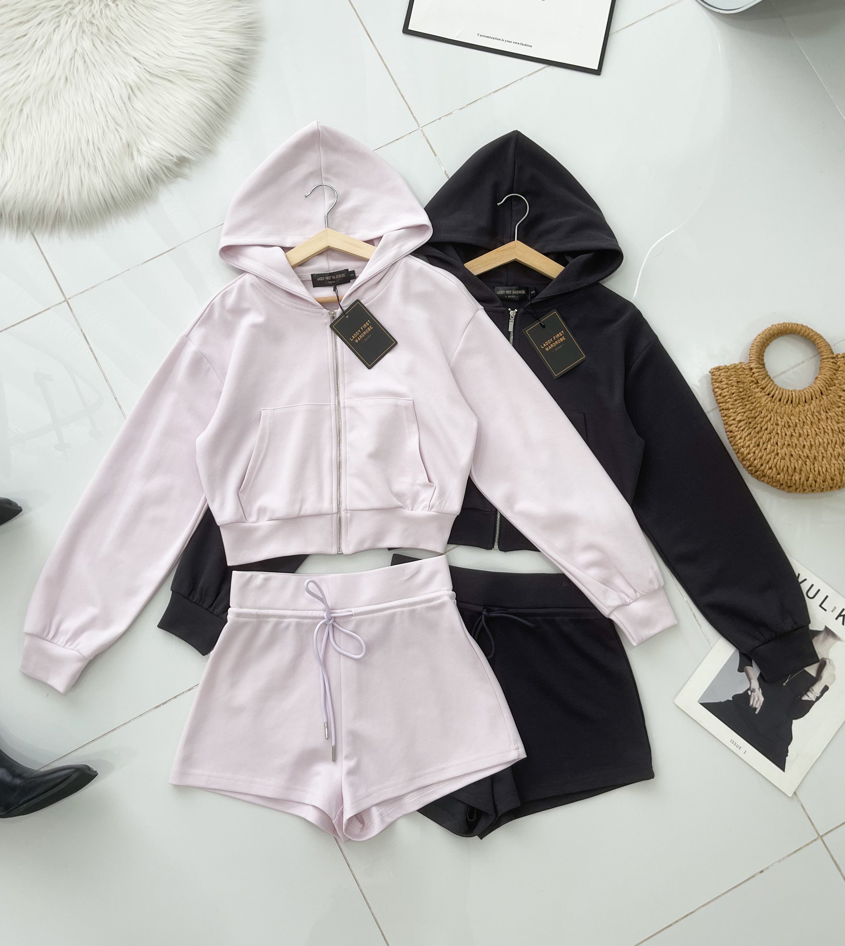 【SS3530】独家爆款高品质纯棉连帽简约休闲运动装百搭套装 连帽长袖上衣➕松紧腰弹力百搭短裤 ❤️❤️